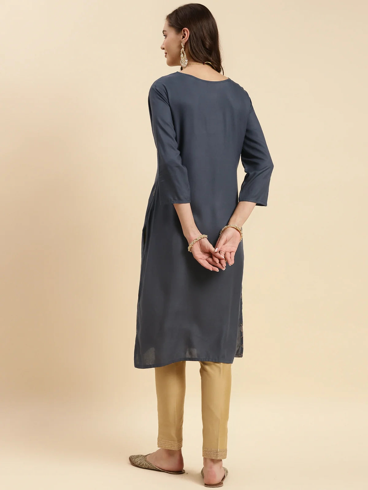 Buy Rayon Embroidered Calf Length Straight Kurta-Grey