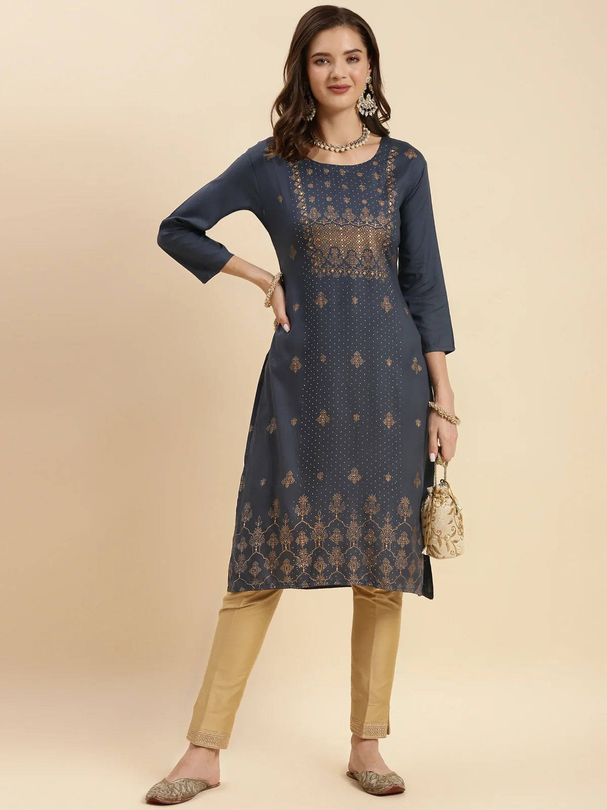 Buy Rayon Embroidered Calf Length Straight Kurta-Grey