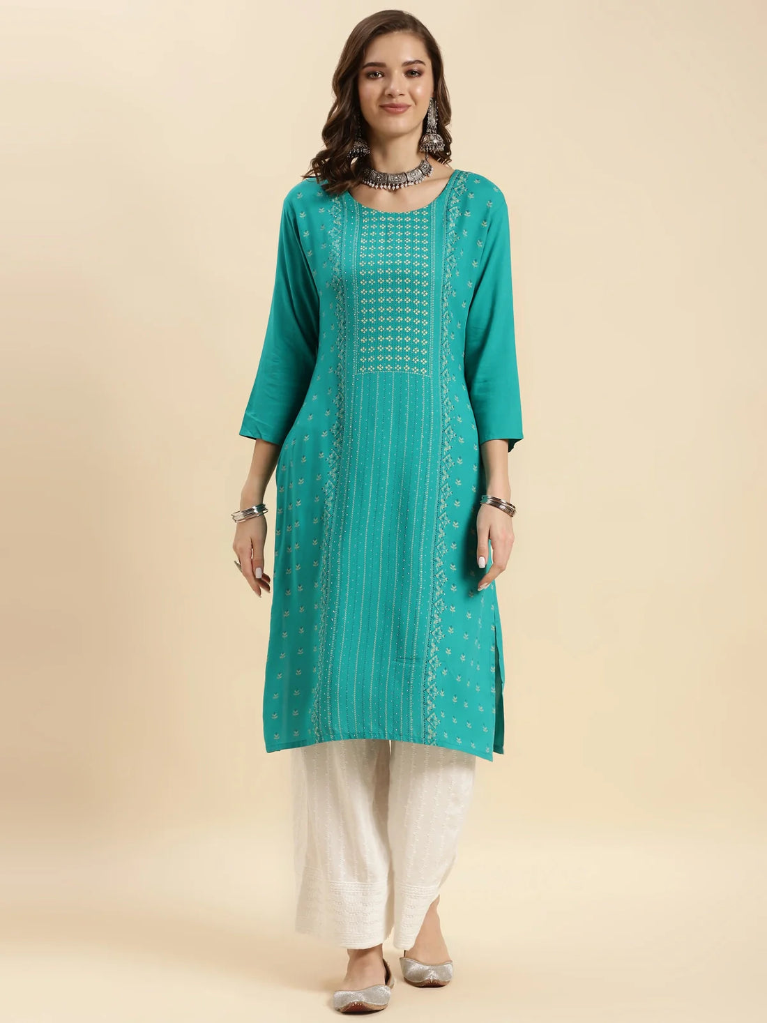 Buy Rayon Embroidered Calf Length Straight Kurta-Sea Green