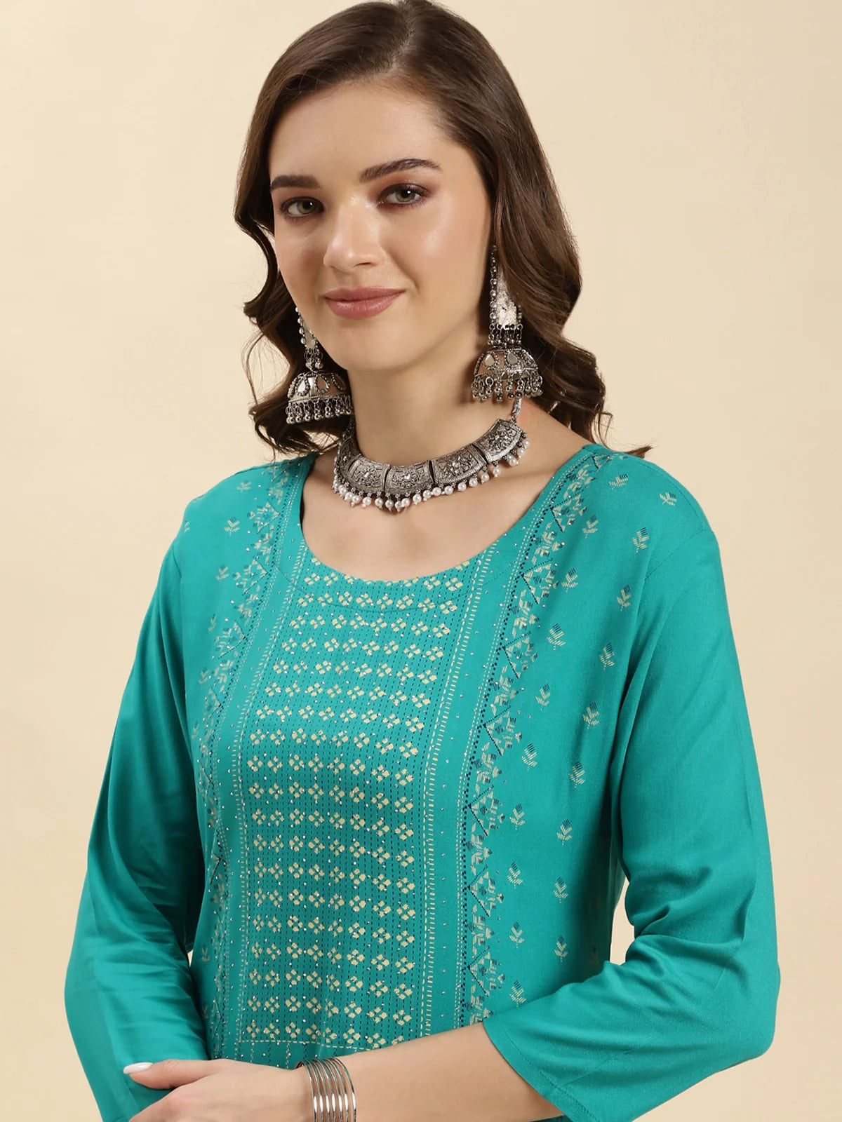 Buy Rayon Embroidered Calf Length Straight Kurta-Sea Green