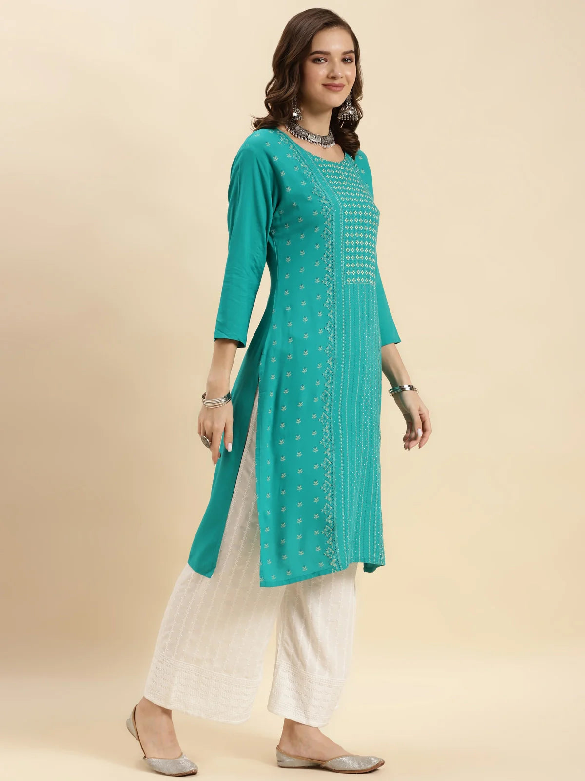 Buy Rayon Embroidered Calf Length Straight Kurta-Sea Green