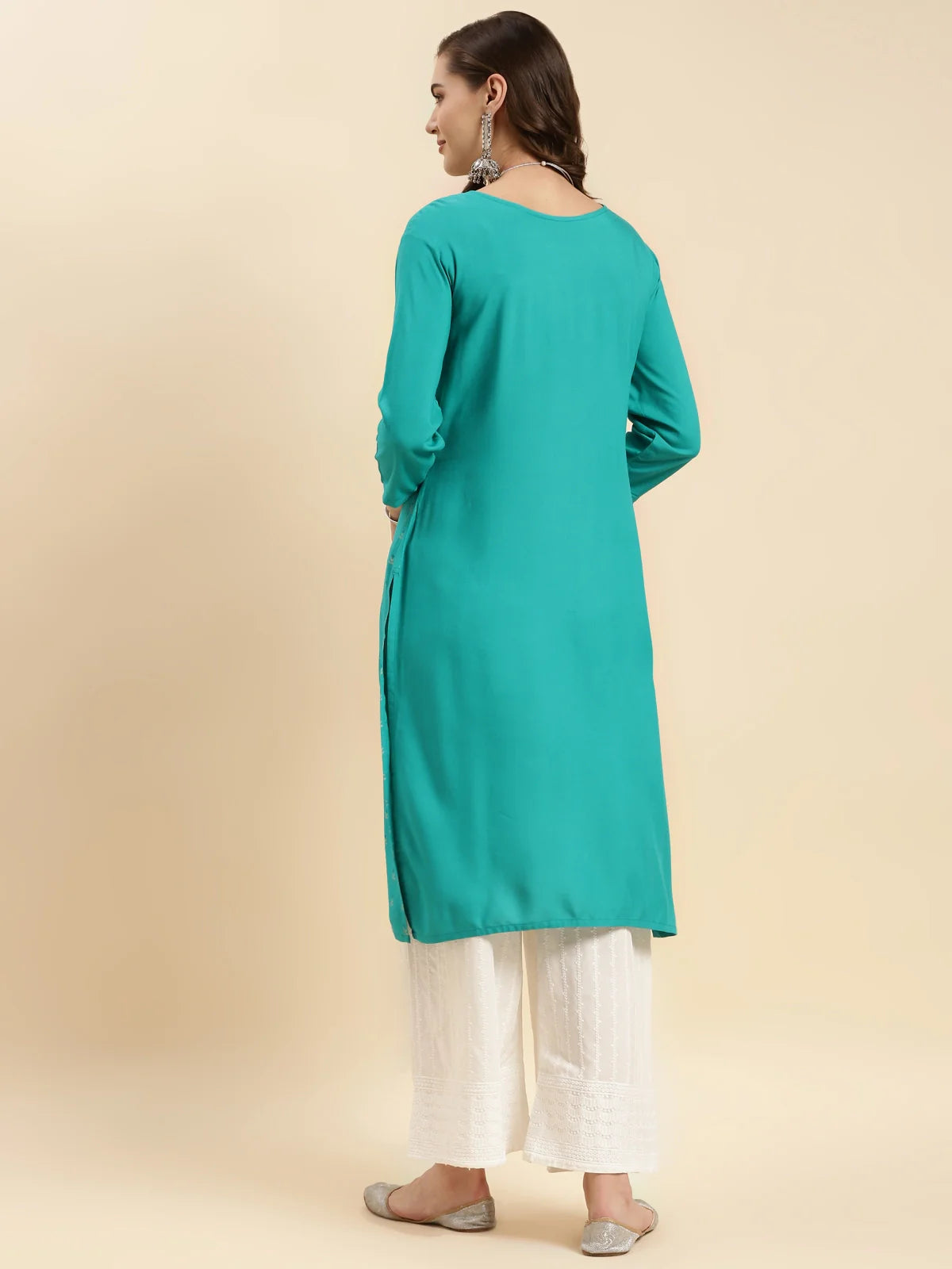 Buy Rayon Embroidered Calf Length Straight Kurta-Sea Green