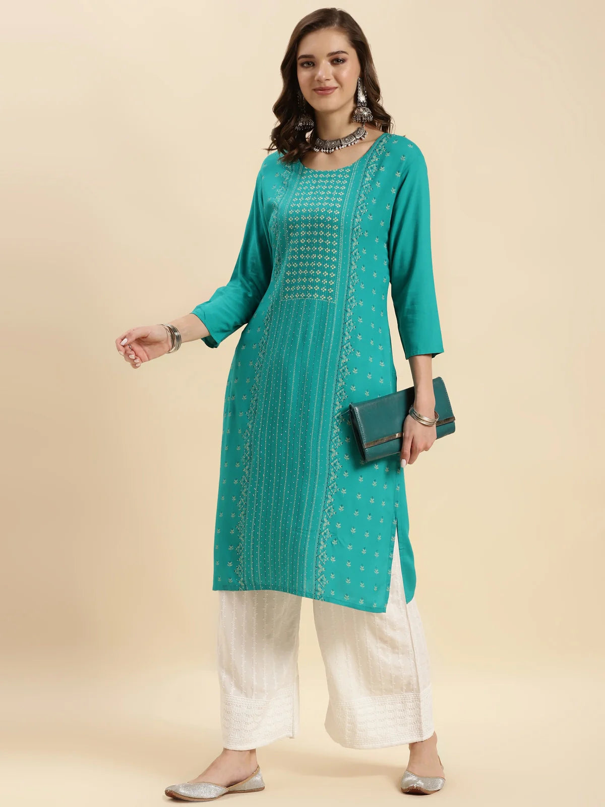 Buy Rayon Embroidered Calf Length Straight Kurta-Sea Green