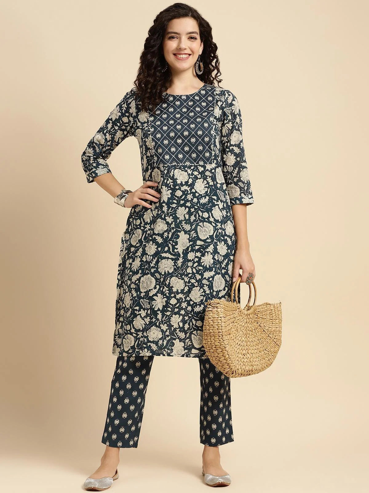 Buy Cotton Floral Printed Knee Length Straight Kurta With Pant-Blue