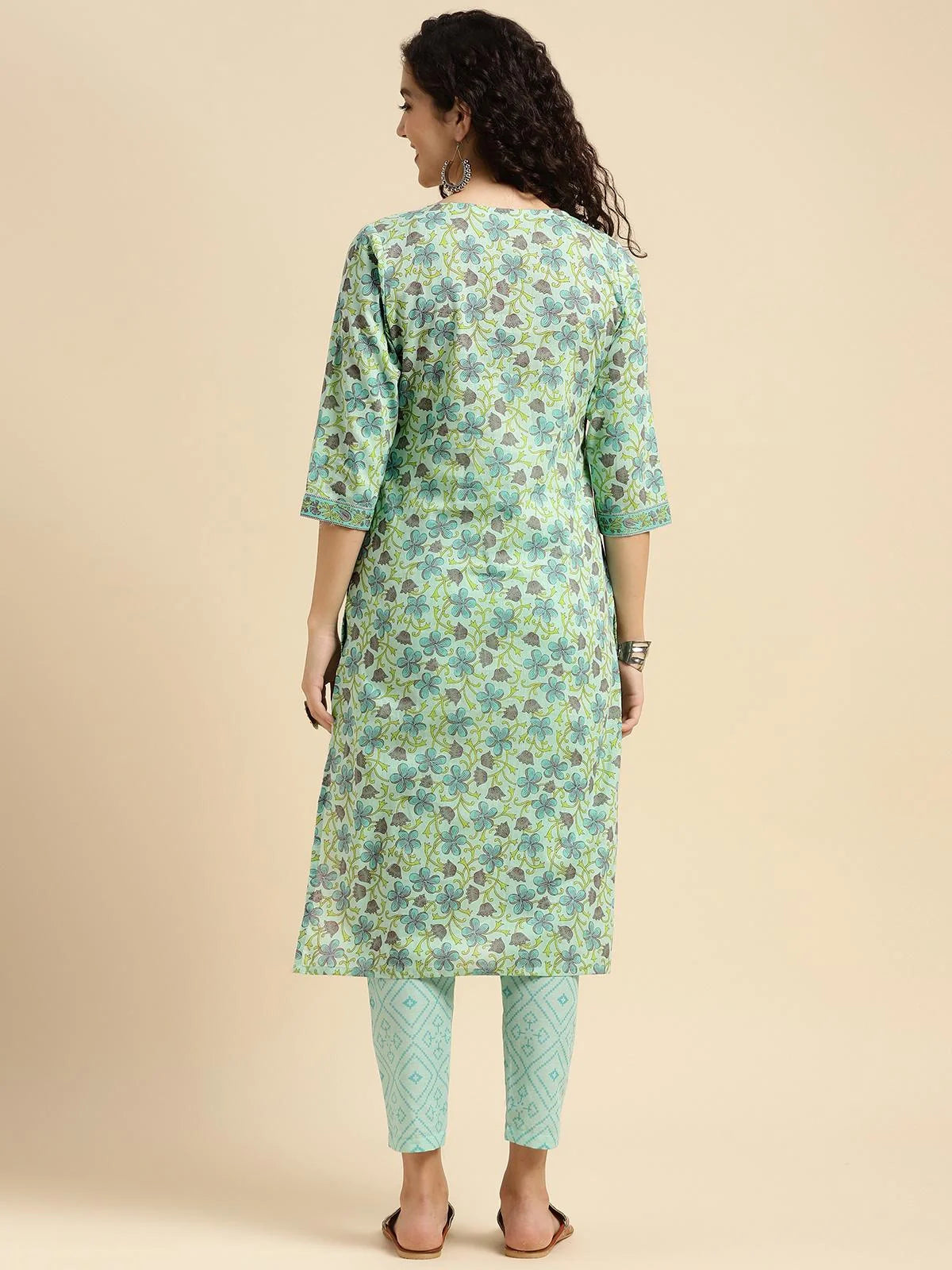 Buy Cotton Floral Printed Knee Length Straight Kurta With Pant-Green