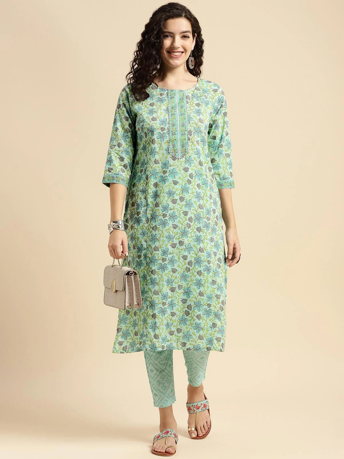 Buy Cotton Floral Printed Knee Length Straight Kurta With Pant-Green