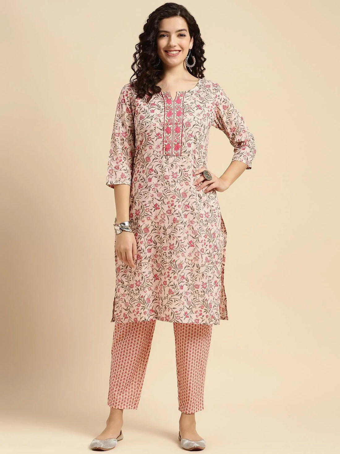 Buy Cotton Floral Printed Knee Length Straight Kurta With Pant-Pink