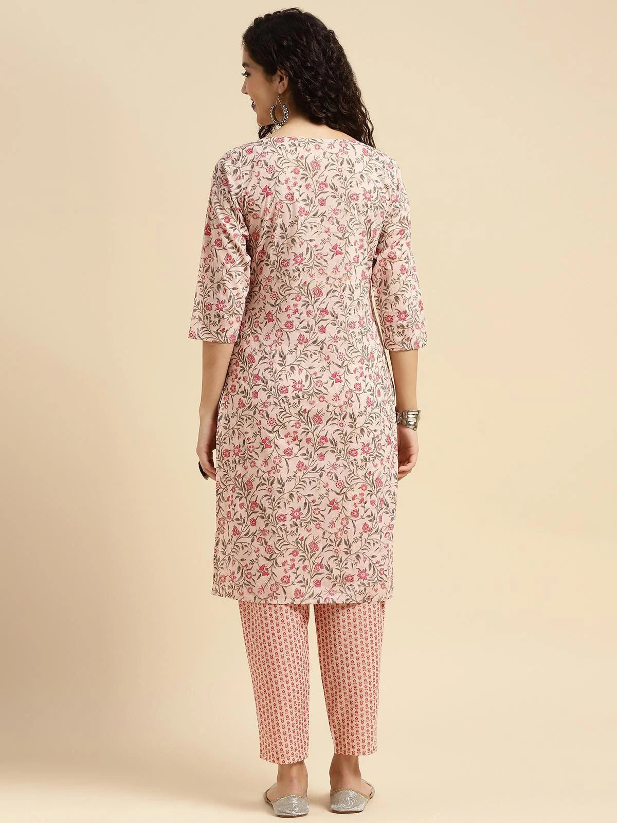 Buy Cotton Floral Printed Knee Length Straight Kurta With Pant-Pink