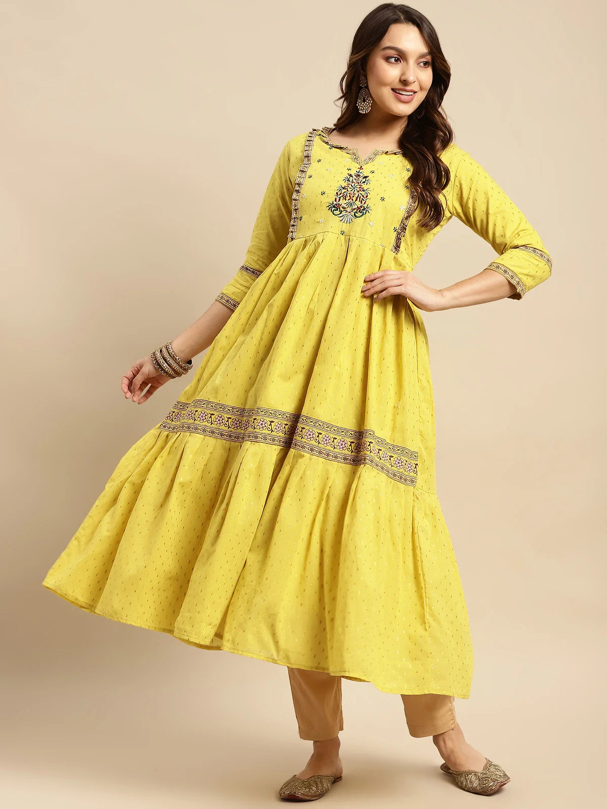 Buy 100% Cotton Yoke Embroidered Self Textured Calf Length Anarkali-Lime Green