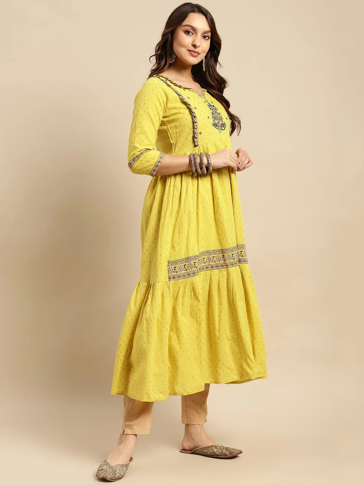 Buy 100% Cotton Yoke Embroidered Self Textured Calf Length Anarkali-Lime Green