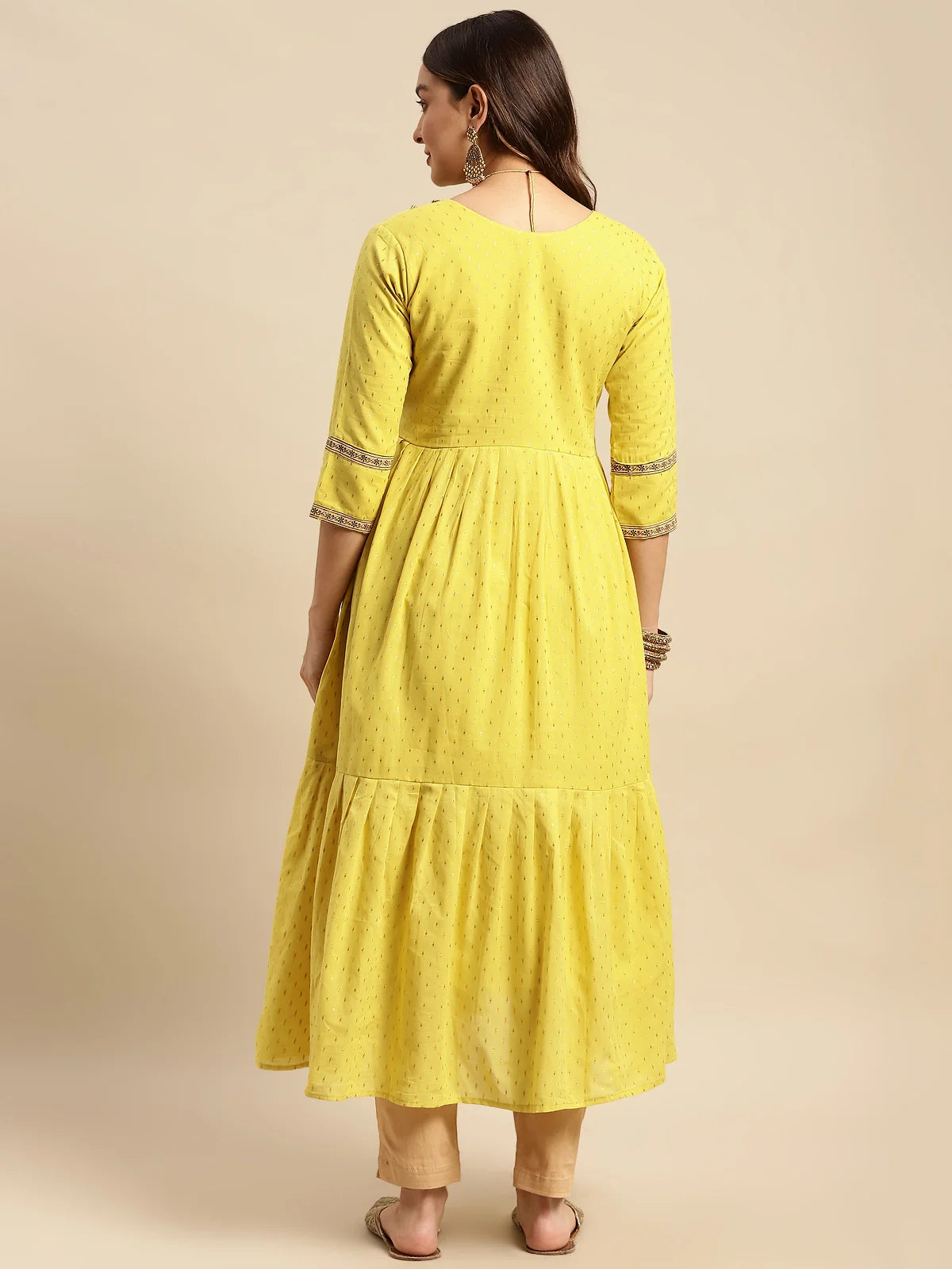 Buy 100% Cotton Yoke Embroidered Self Textured Calf Length Anarkali-Lime Green