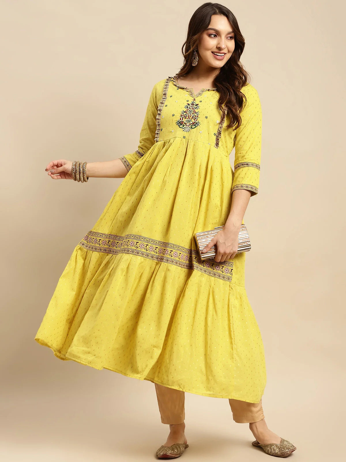 Buy 100% Cotton Yoke Embroidered Self Textured Calf Length Anarkali-Lime Green