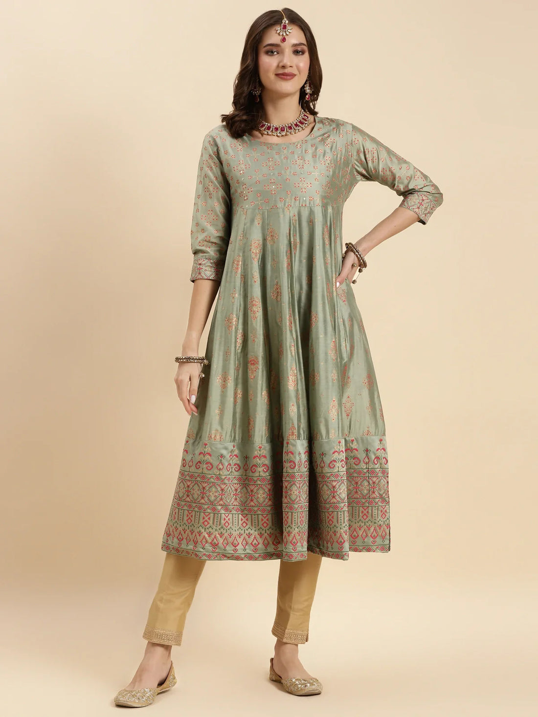 Buy Silk Printed Calf Length Flared Kurta-Sea Green