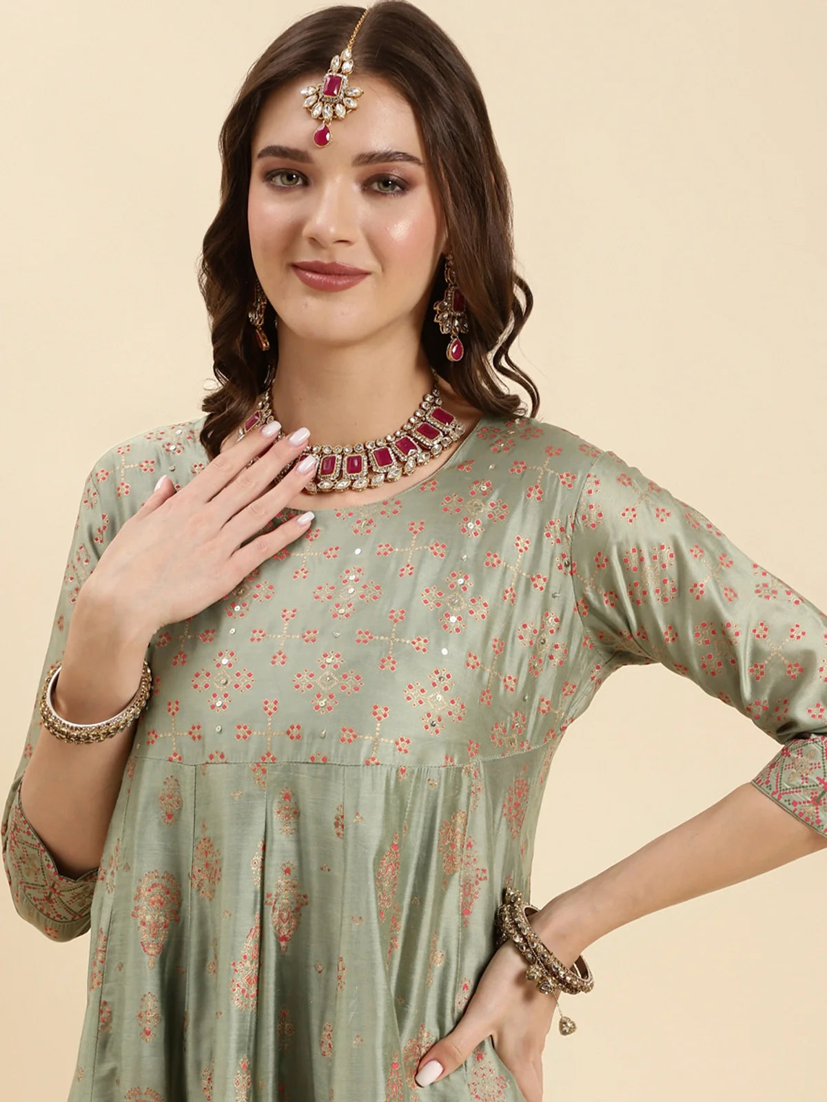 Buy Silk Printed Calf Length Flared Kurta-Sea Green