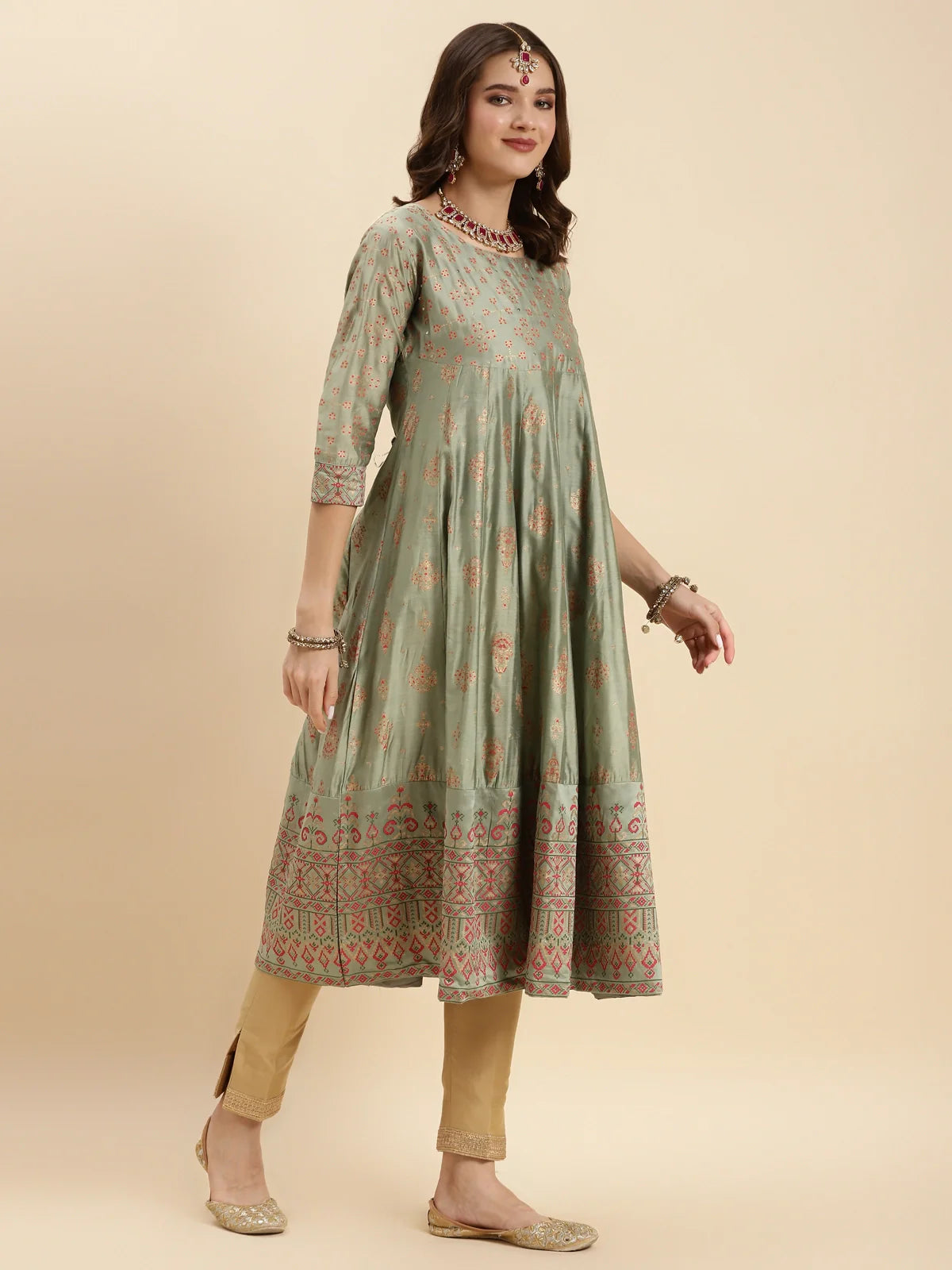 Buy Silk Printed Calf Length Flared Kurta-Sea Green