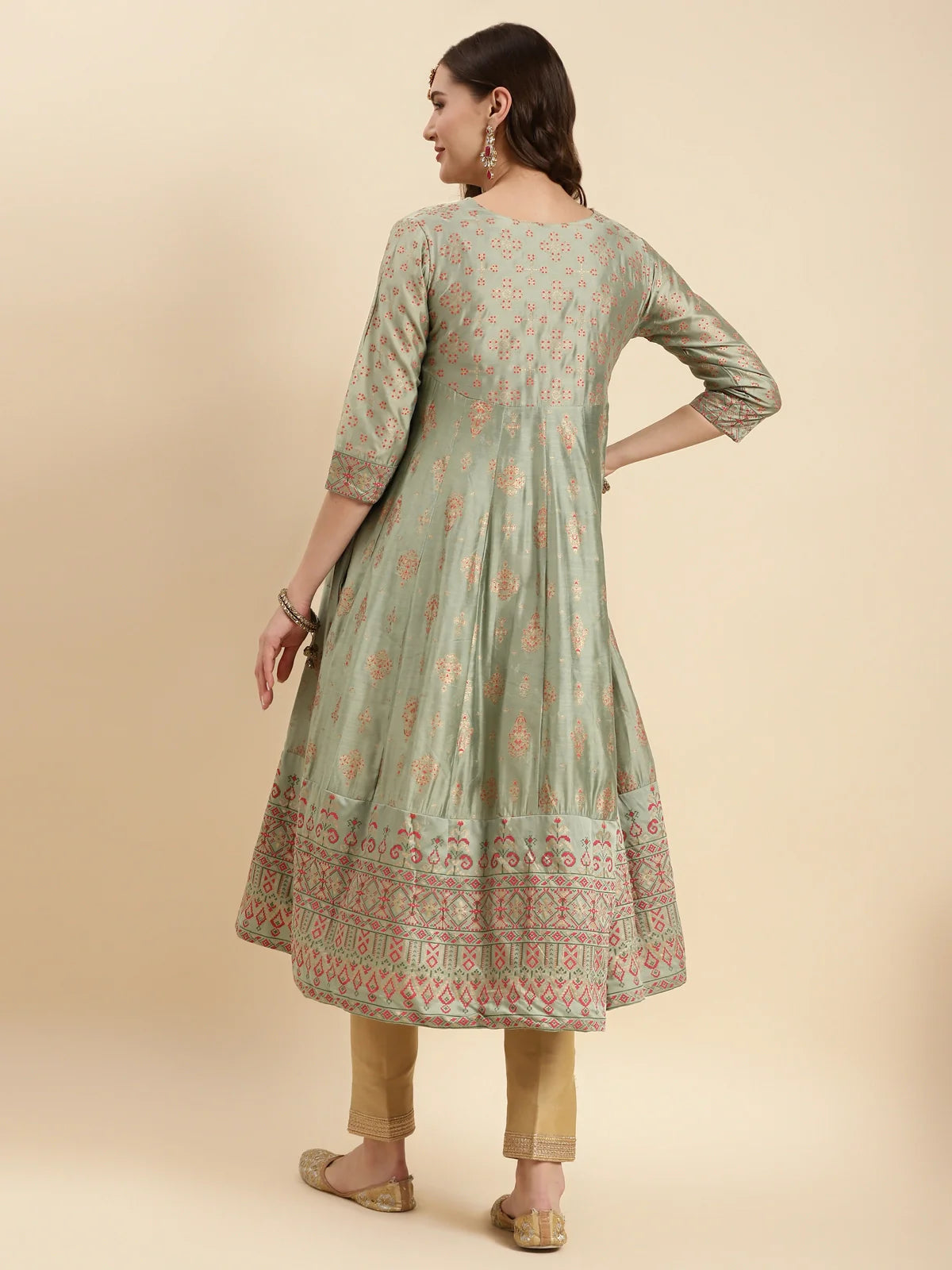 Buy Silk Printed Calf Length Flared Kurta-Sea Green