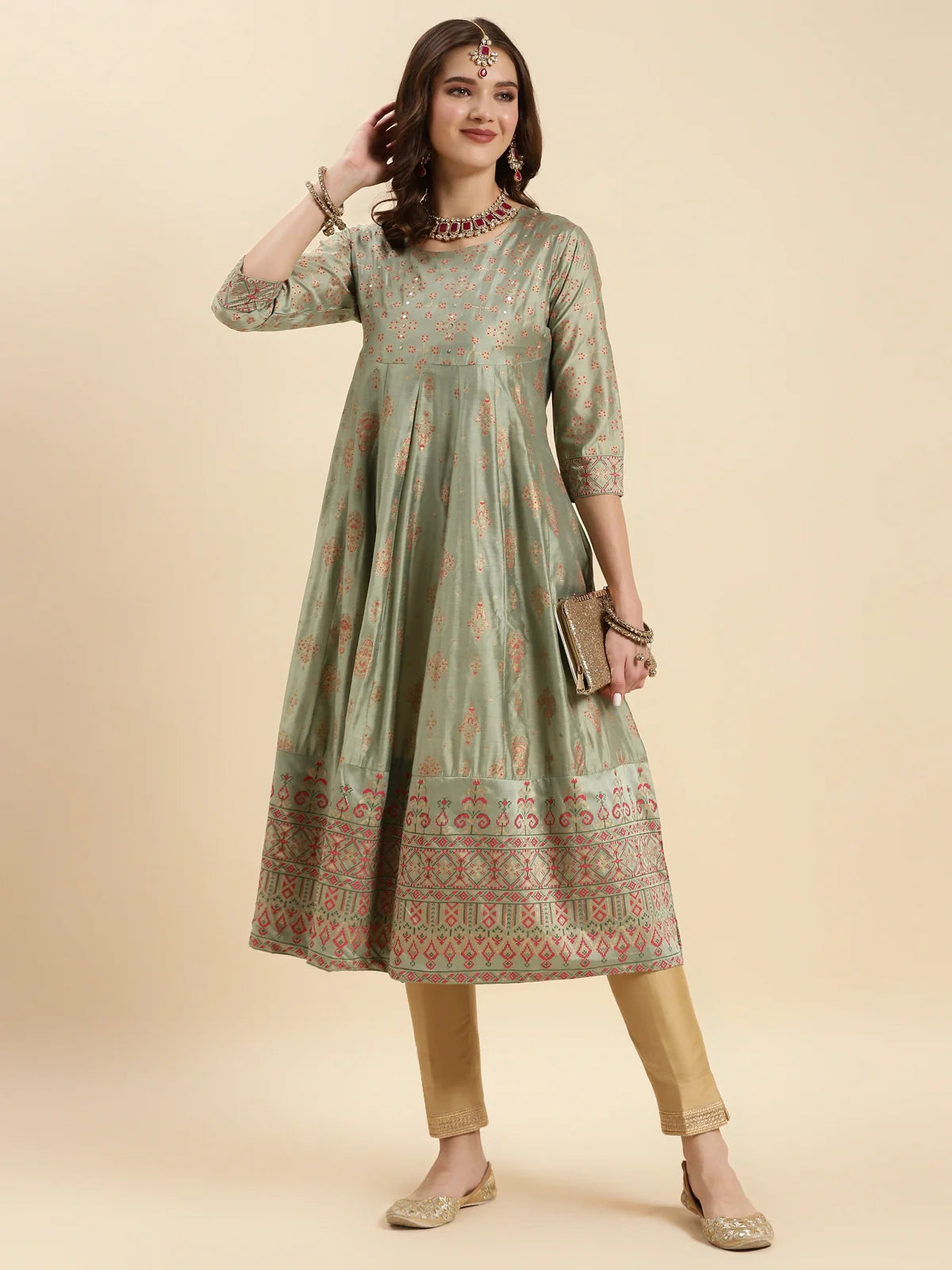 Buy Silk Printed Calf Length Flared Kurta-Sea Green