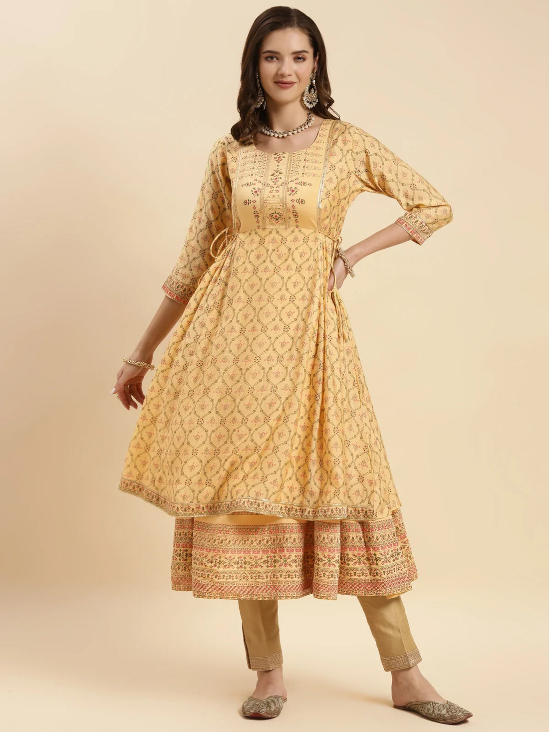 Buy Silk Printed Calf Length Flared Kurta-Yellow