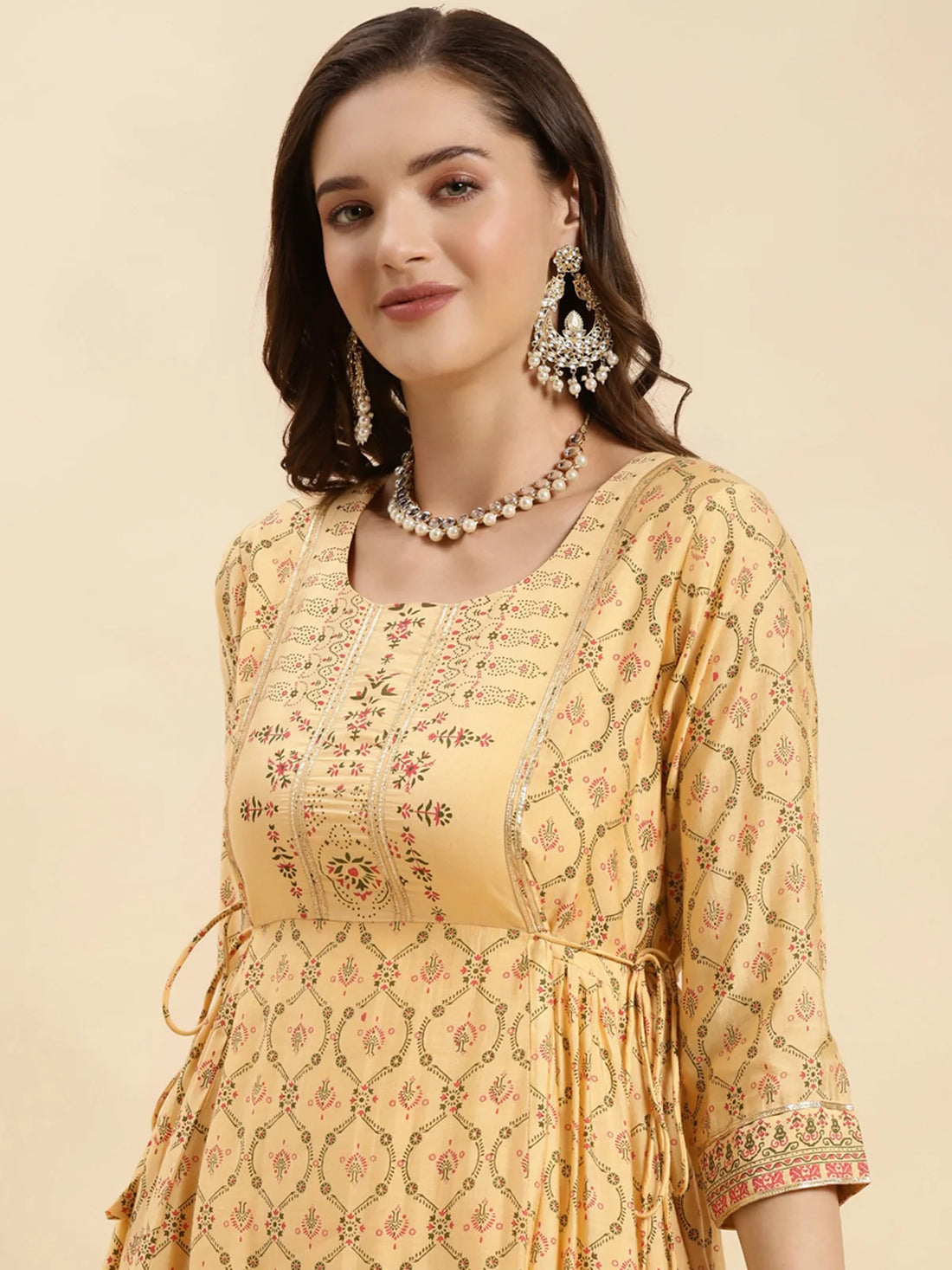 Buy Silk Printed Calf Length Flared Kurta-Yellow