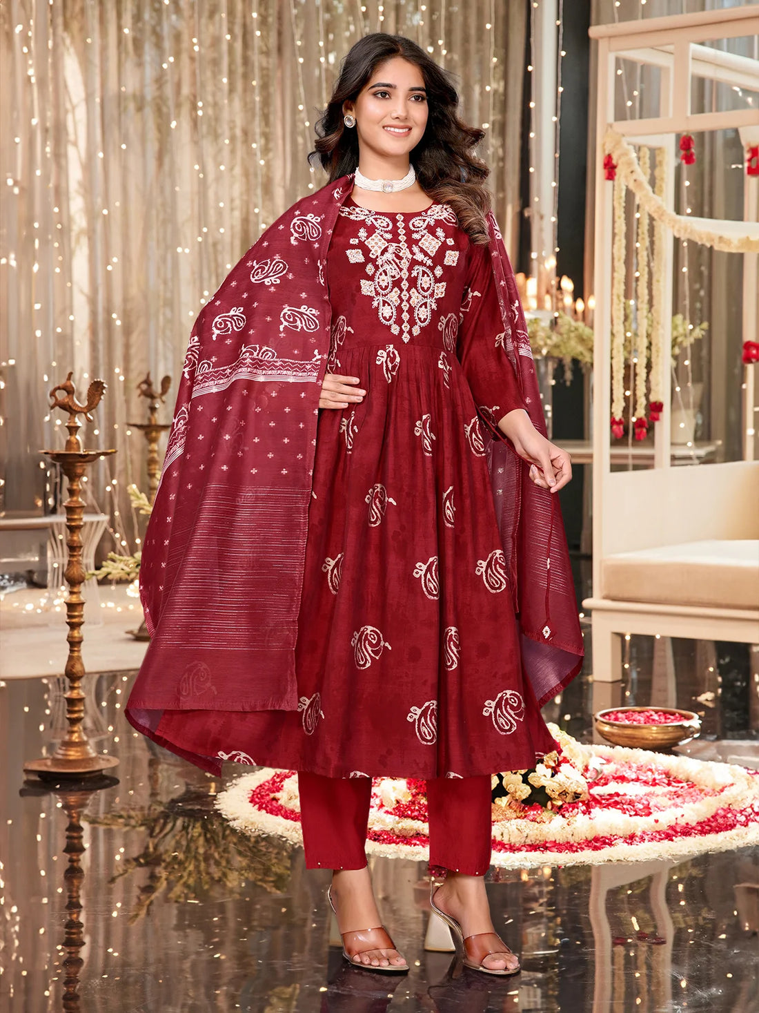 Buy Viscose Blend Embroidered Calf Length Kurta with Pant and Dupatta-Maroon