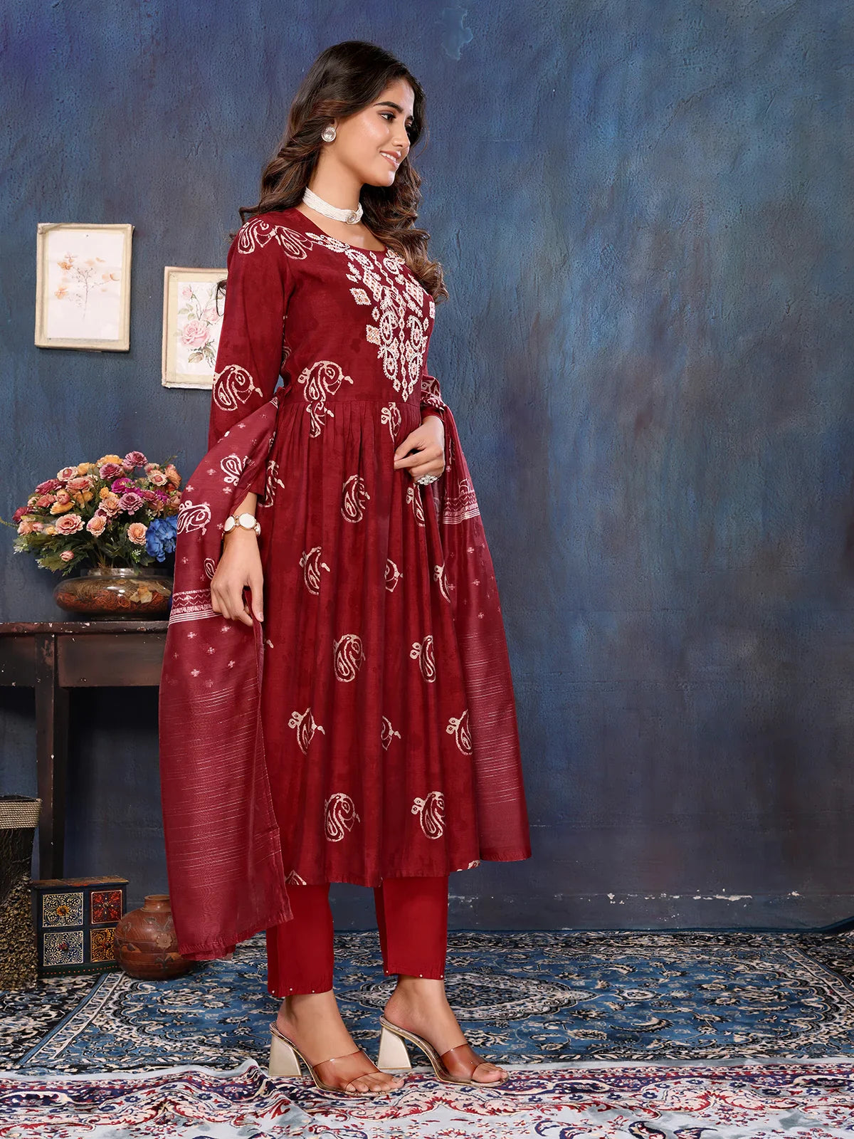 Buy Viscose Blend Embroidered Calf Length Kurta with Pant and Dupatta-Maroon