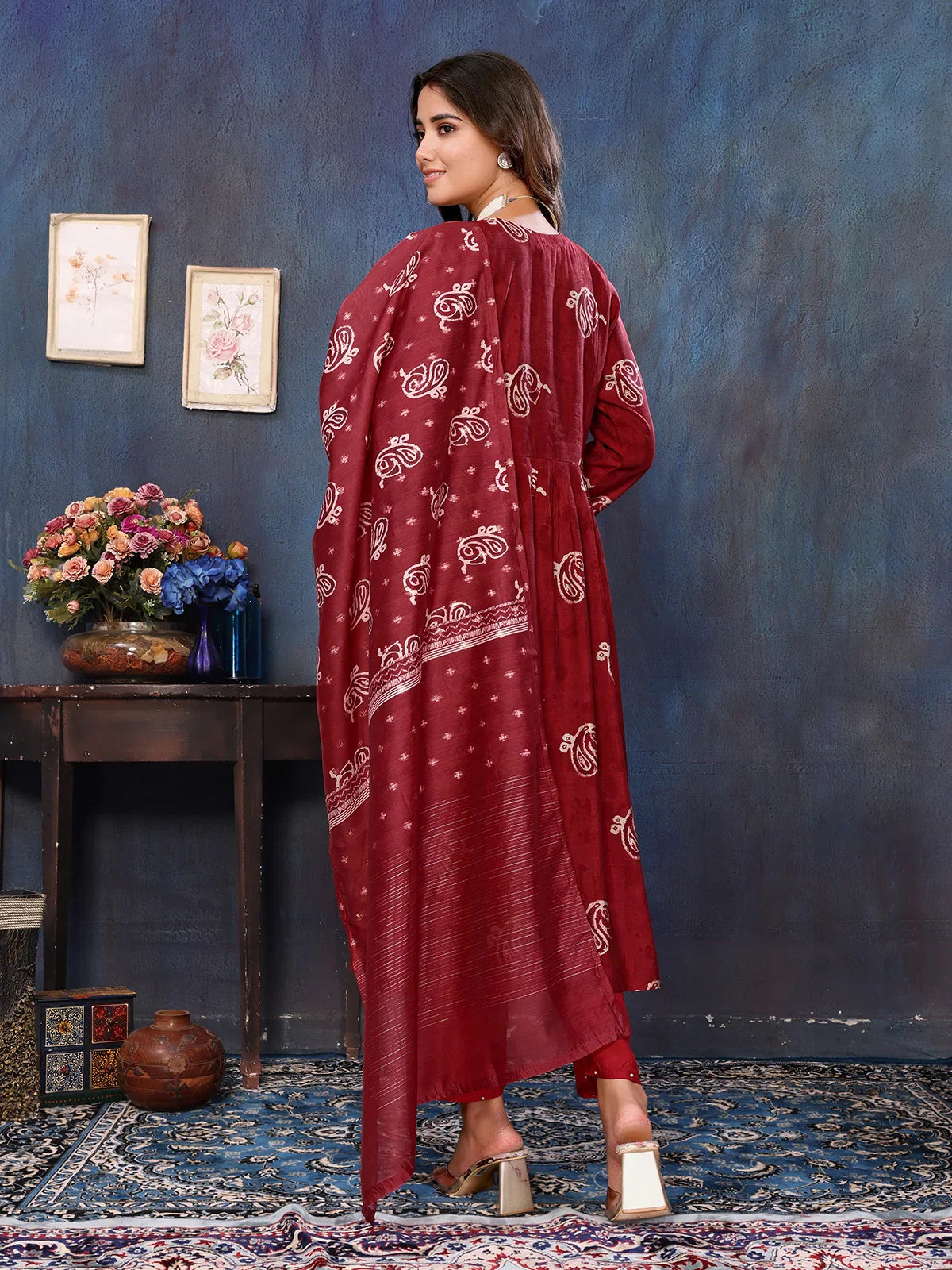 Buy Viscose Blend Embroidered Calf Length Kurta with Pant and Dupatta-Maroon