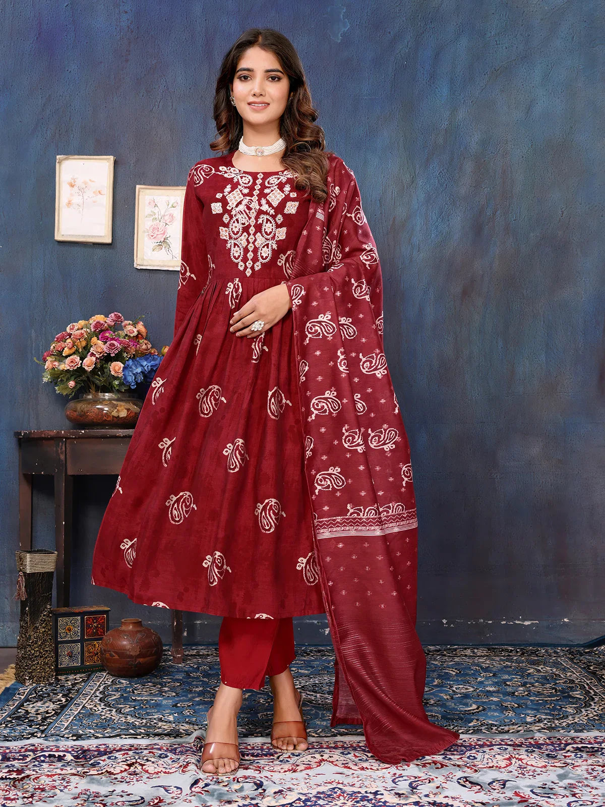 Buy Viscose Blend Embroidered Calf Length Kurta with Pant and Dupatta-Maroon