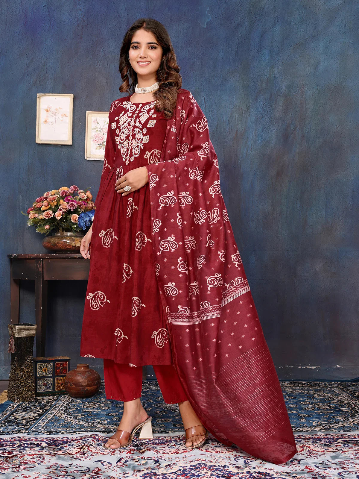 Buy Viscose Blend Embroidered Calf Length Kurta with Pant and Dupatta-Maroon