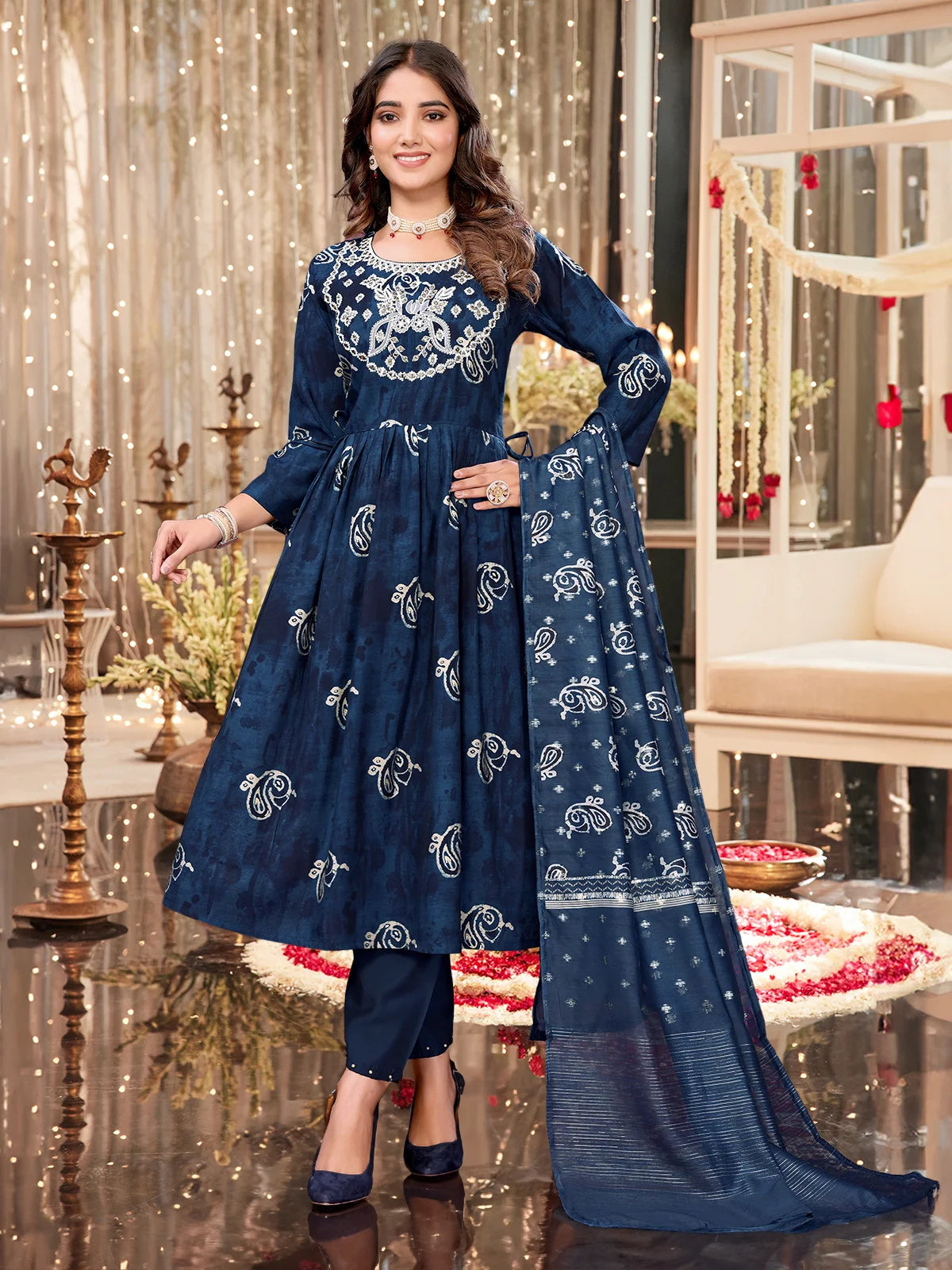 Buy Viscose Blend Embroidered Calf Length Kurta with Pant and Dupatta-Blue