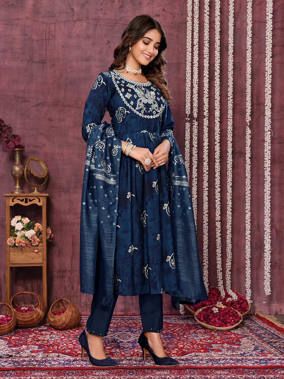 Buy Viscose Blend Embroidered Calf Length Kurta with Pant and Dupatta-Blue