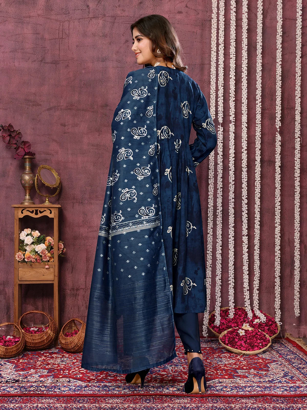 Buy Viscose Blend Embroidered Calf Length Kurta with Pant and Dupatta-Blue