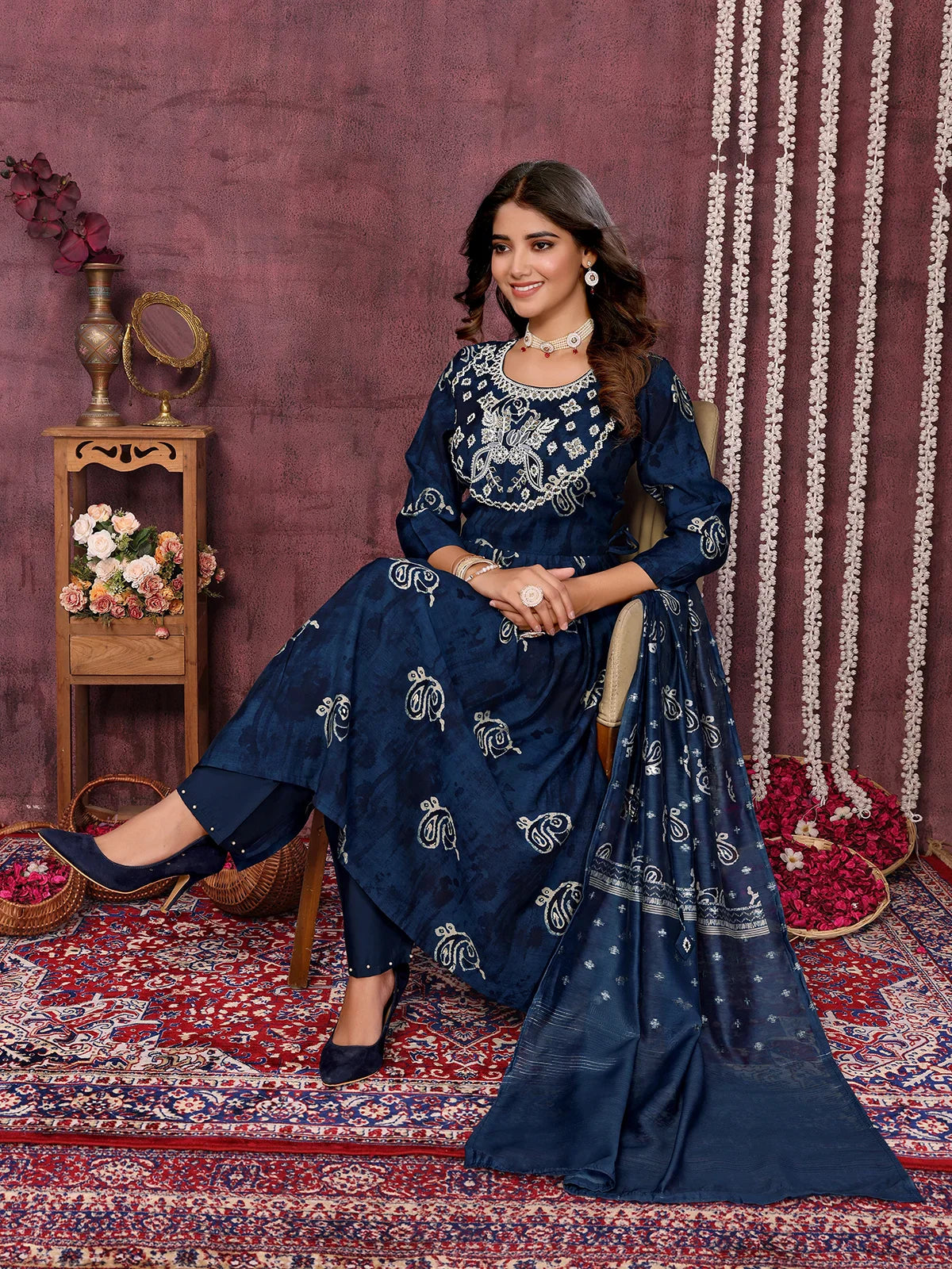 Buy Viscose Blend Embroidered Calf Length Kurta with Pant and Dupatta-Blue