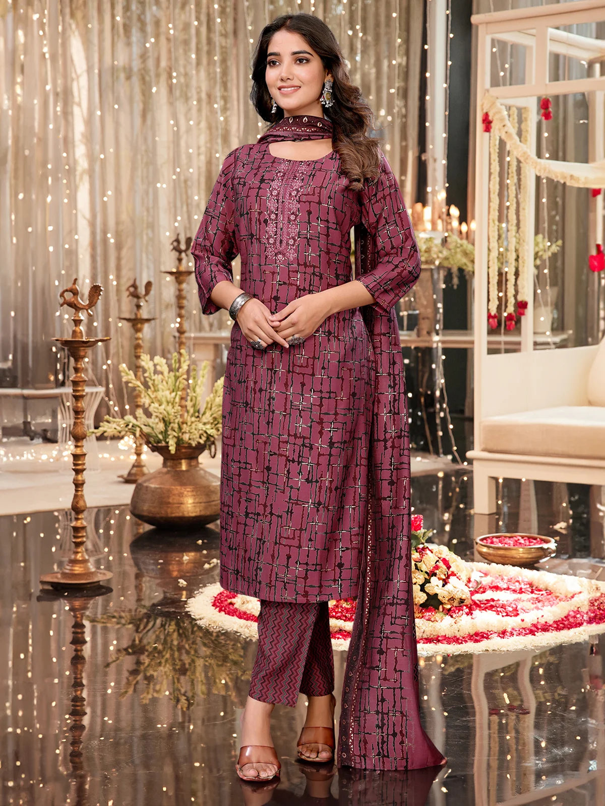 Buy Viscose Blend Embroidered Calf Length Kurta with Afgani Pant and Dupatta-Pink