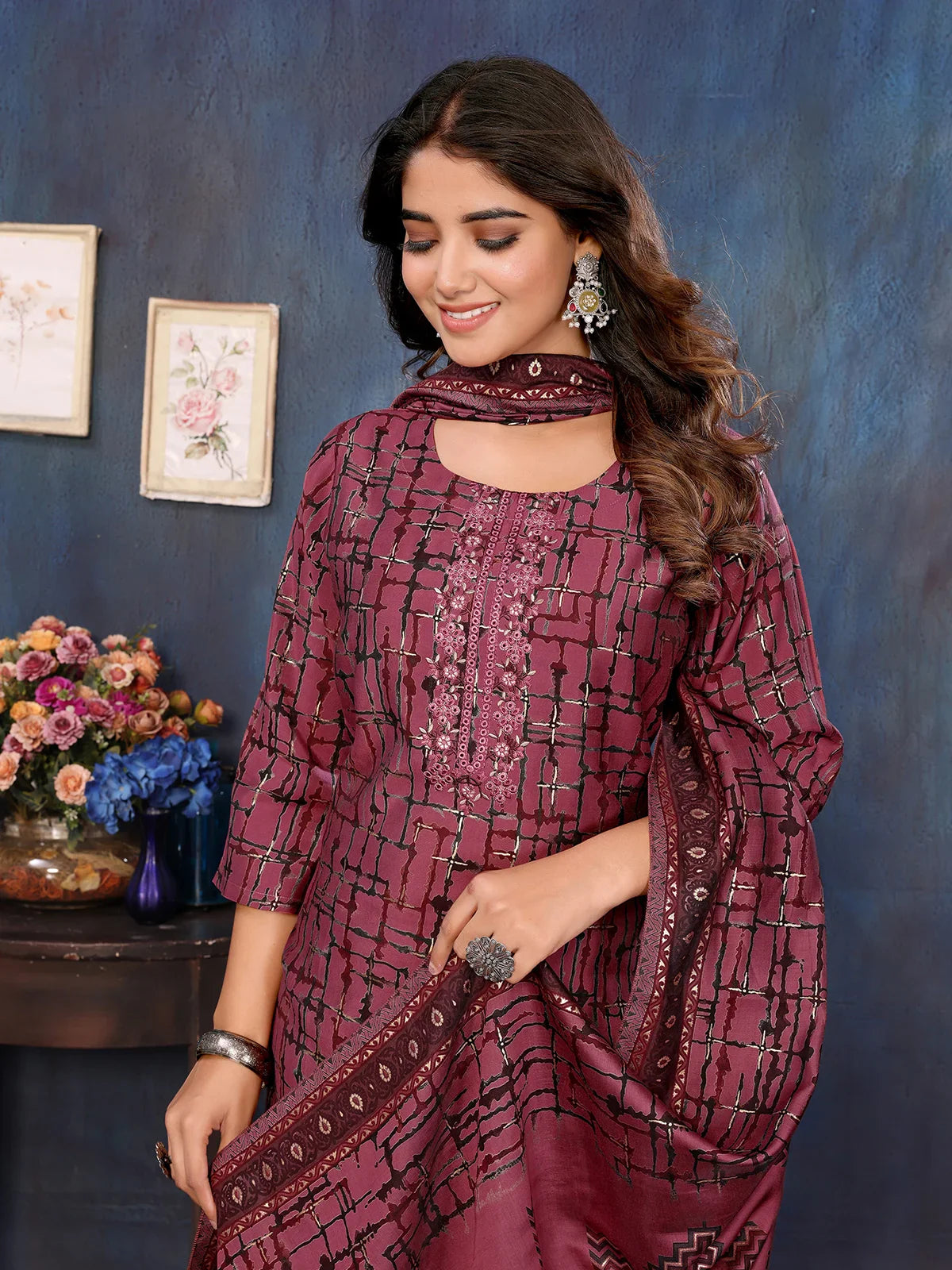 Buy Viscose Blend Embroidered Calf Length Kurta with Afgani Pant and Dupatta-Pink