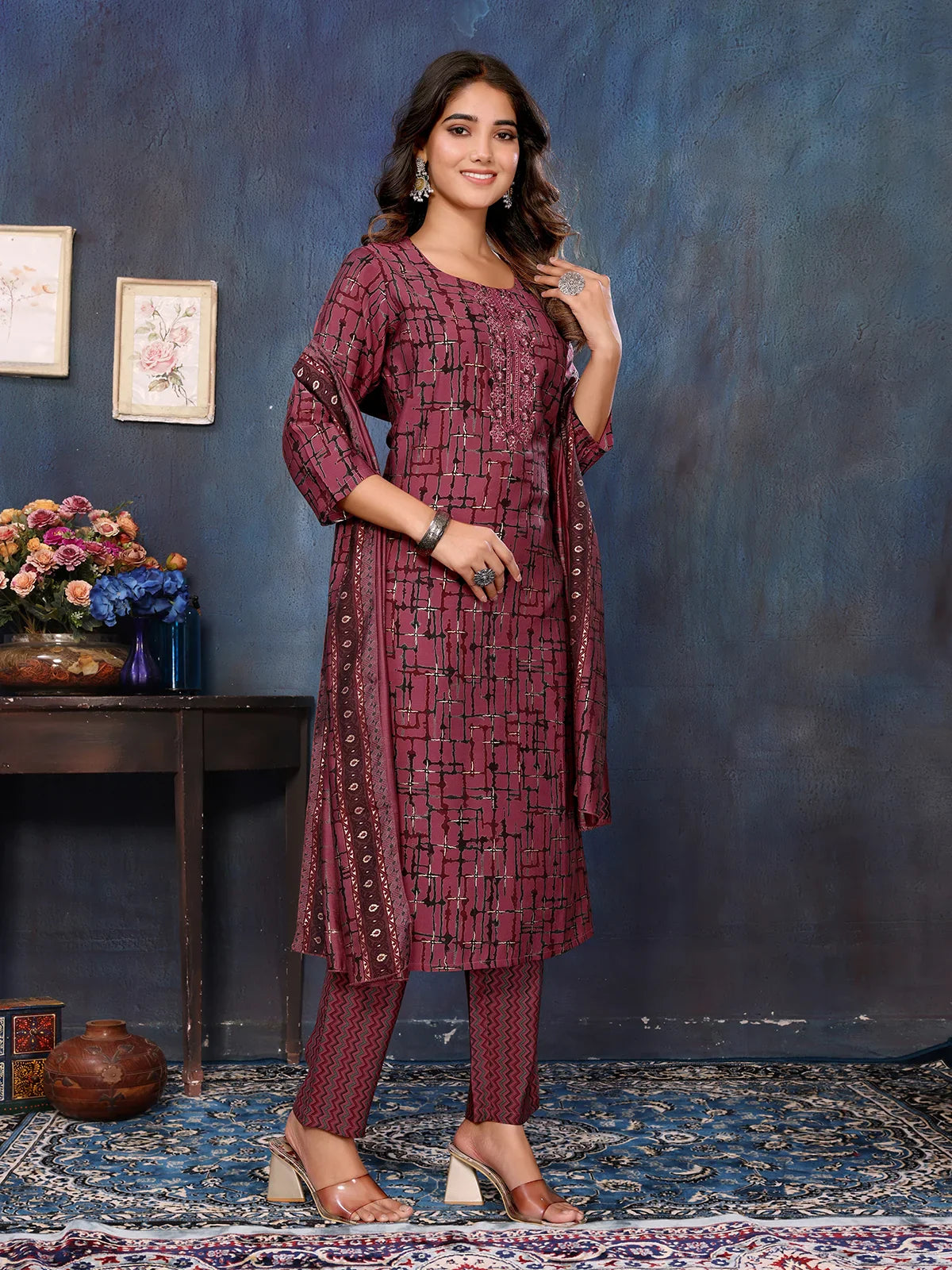 Buy Viscose Blend Embroidered Calf Length Kurta with Afgani Pant and Dupatta-Pink