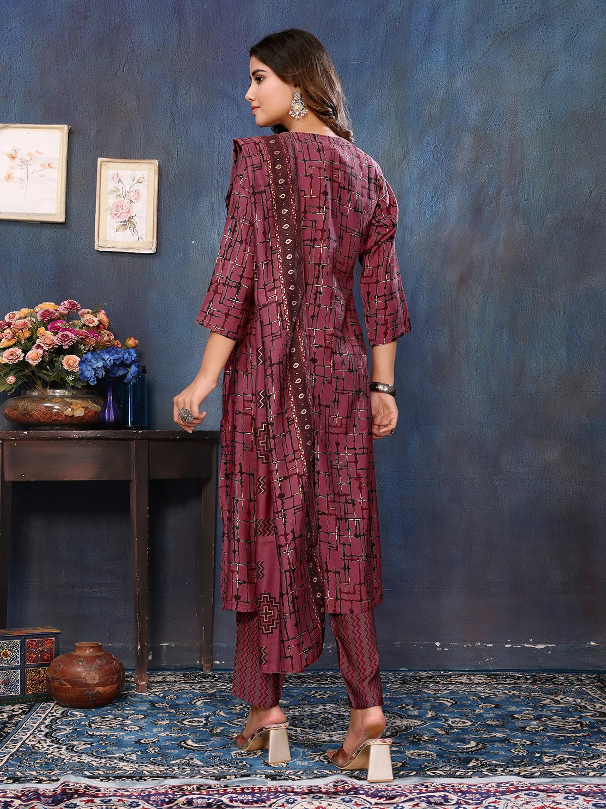 Buy Viscose Blend Embroidered Calf Length Kurta with Afgani Pant and Dupatta-Pink