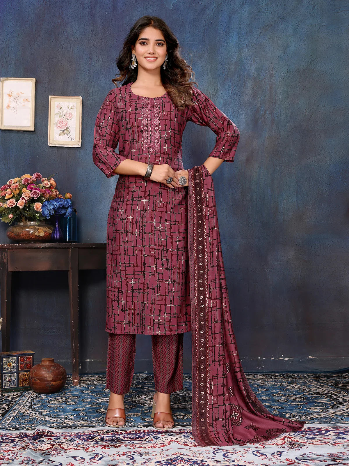 Buy Viscose Blend Embroidered Calf Length Kurta with Afgani Pant and Dupatta-Pink