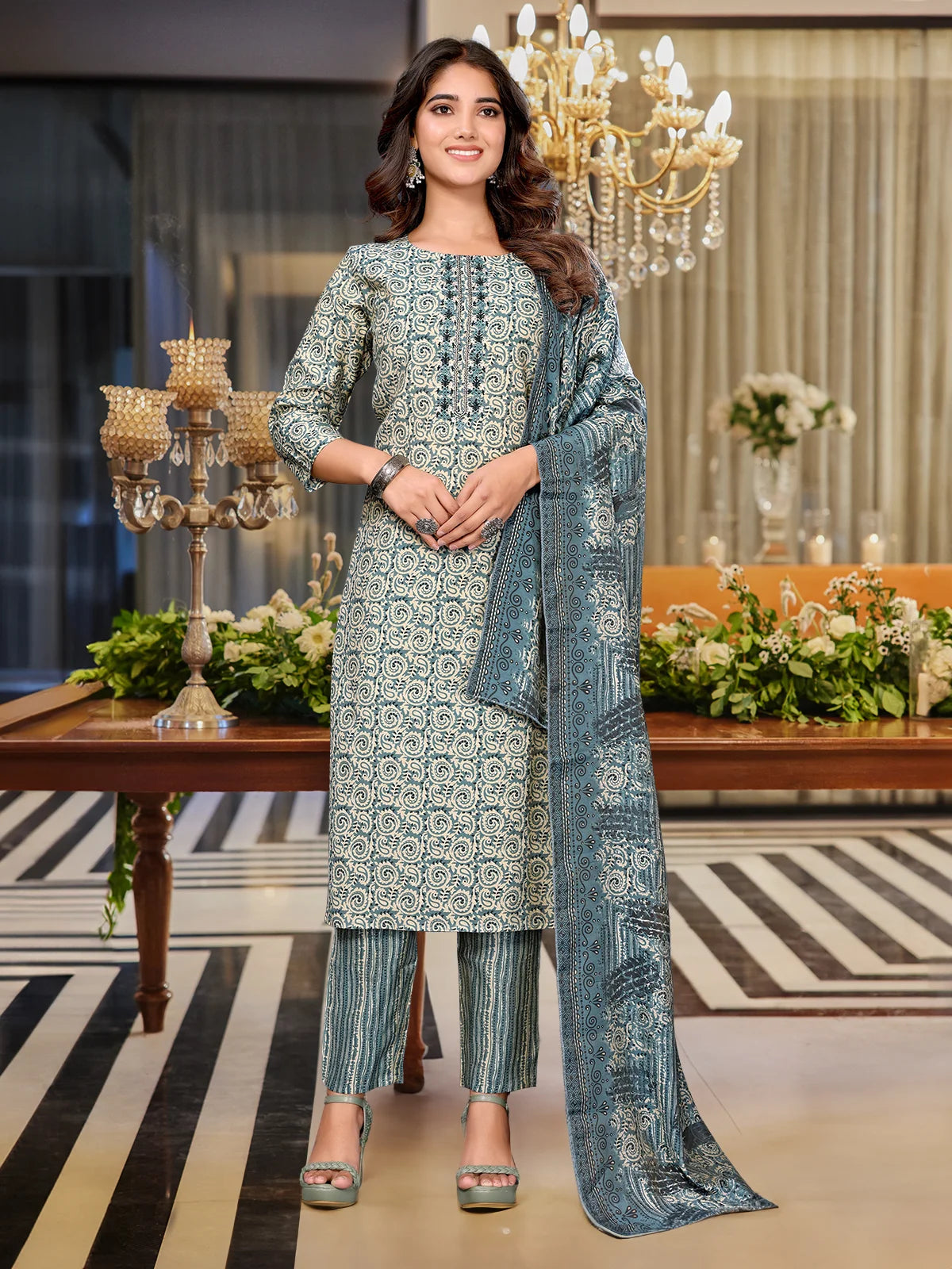 Buy Viscose Blend Embroidered Calf Length Kurta with Afgani Pant and Dupatta-Blue