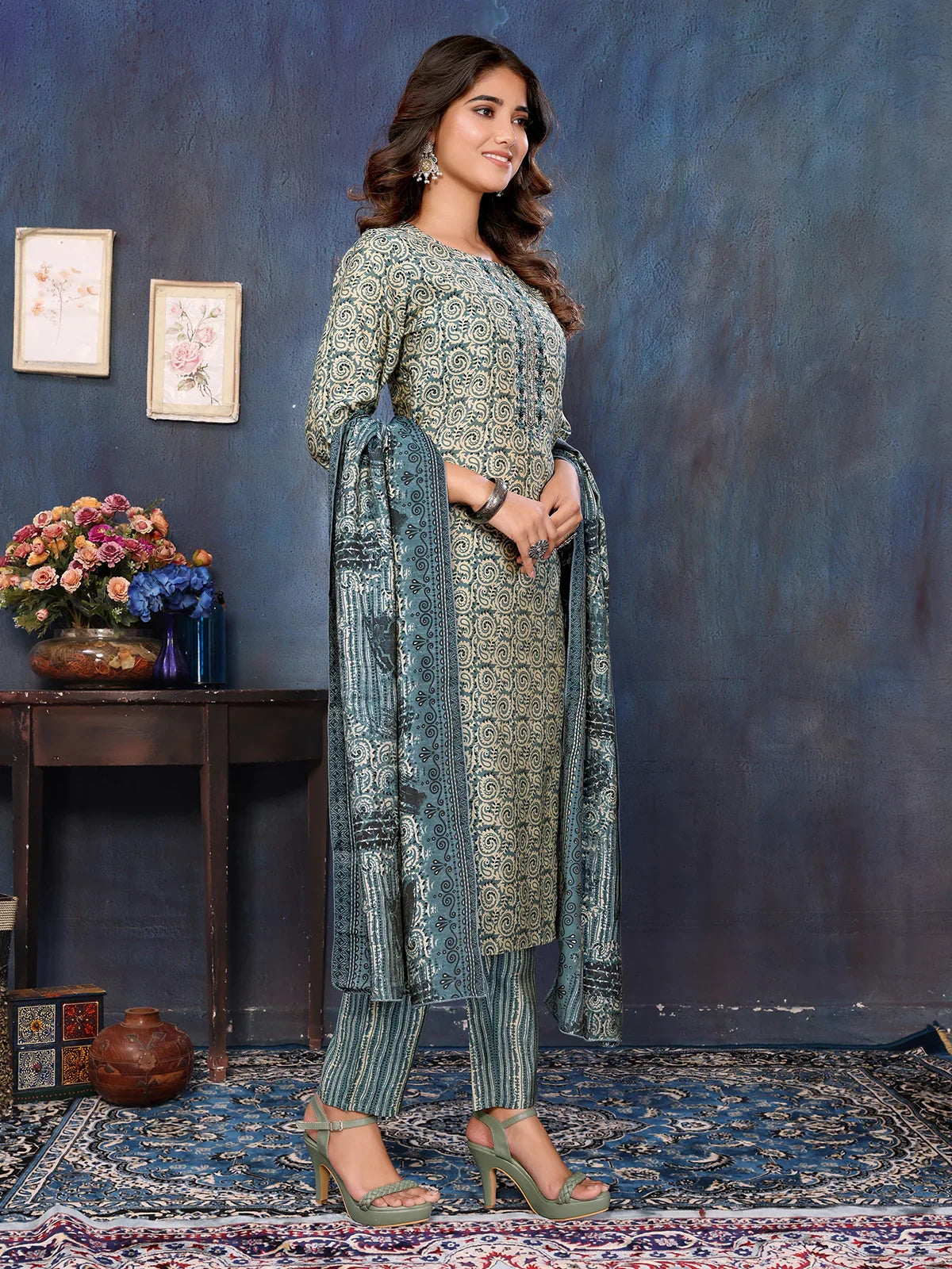 Buy Viscose Blend Embroidered Calf Length Kurta with Afgani Pant and Dupatta-Blue