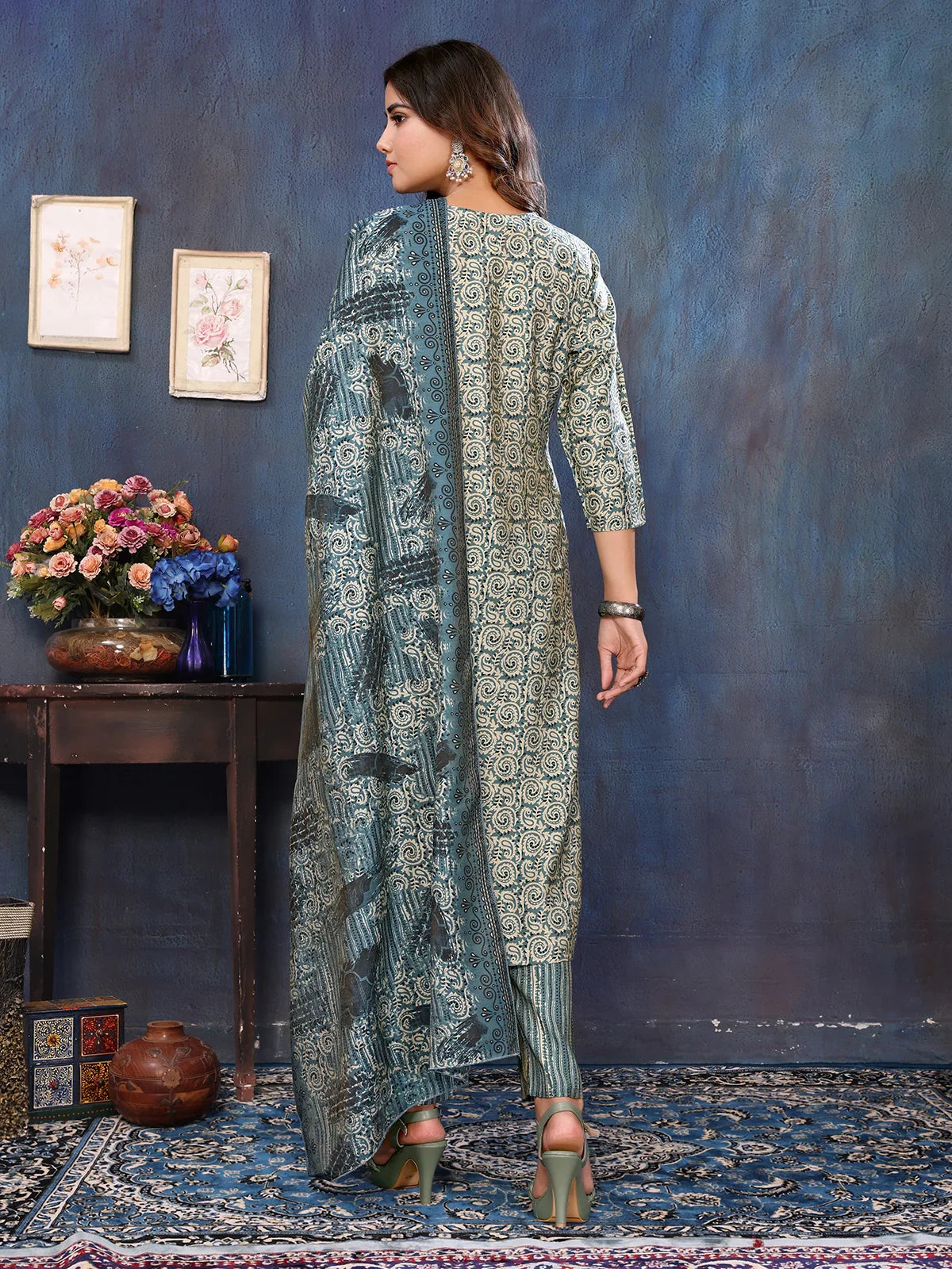 Buy Viscose Blend Embroidered Calf Length Kurta with Afgani Pant and Dupatta-Blue