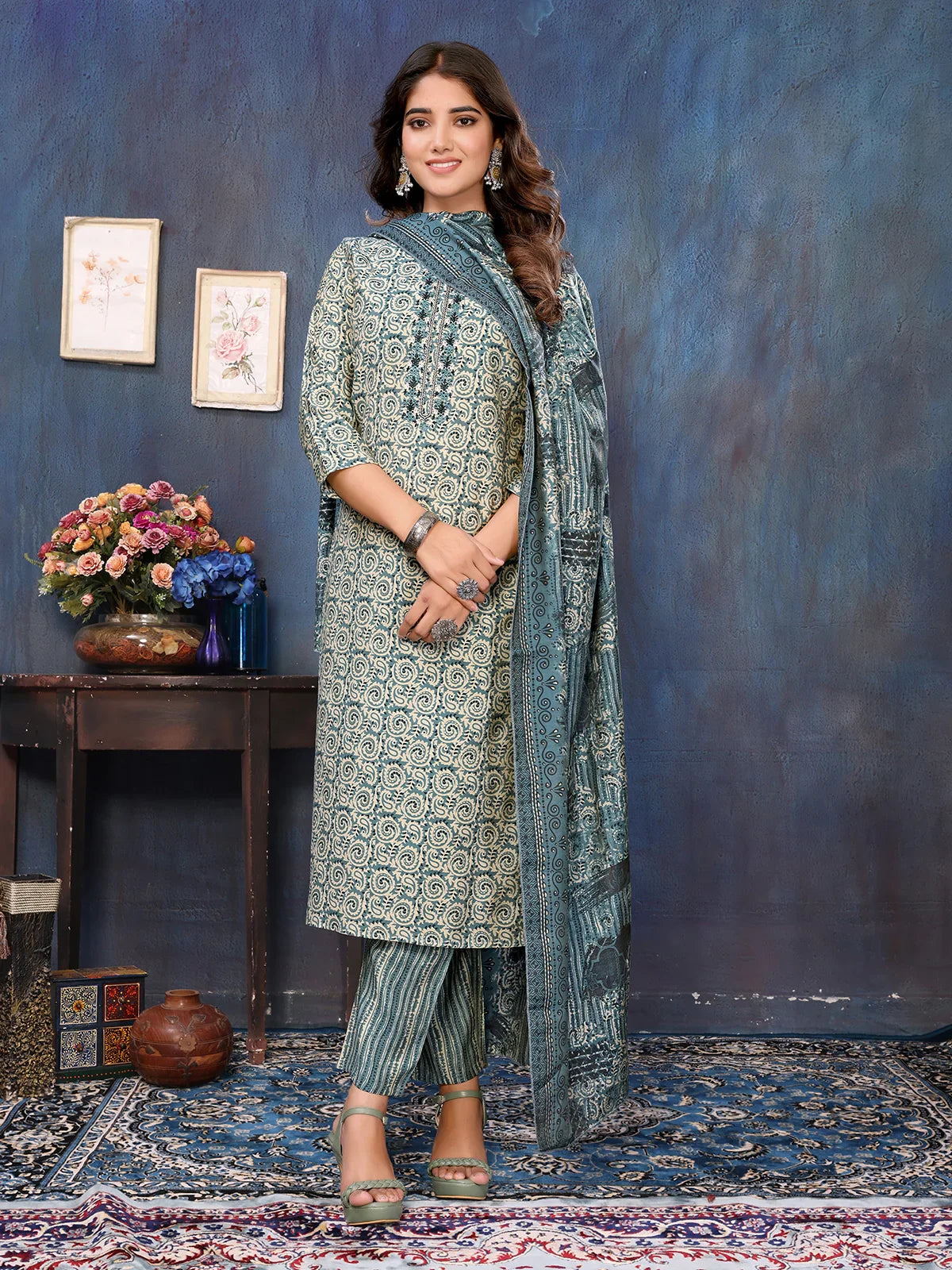 Buy Viscose Blend Embroidered Calf Length Kurta with Afgani Pant and Dupatta-Blue