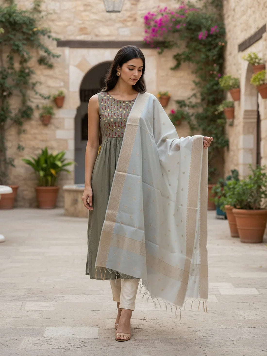 Buy Art Silk Self Design Dupatta-White