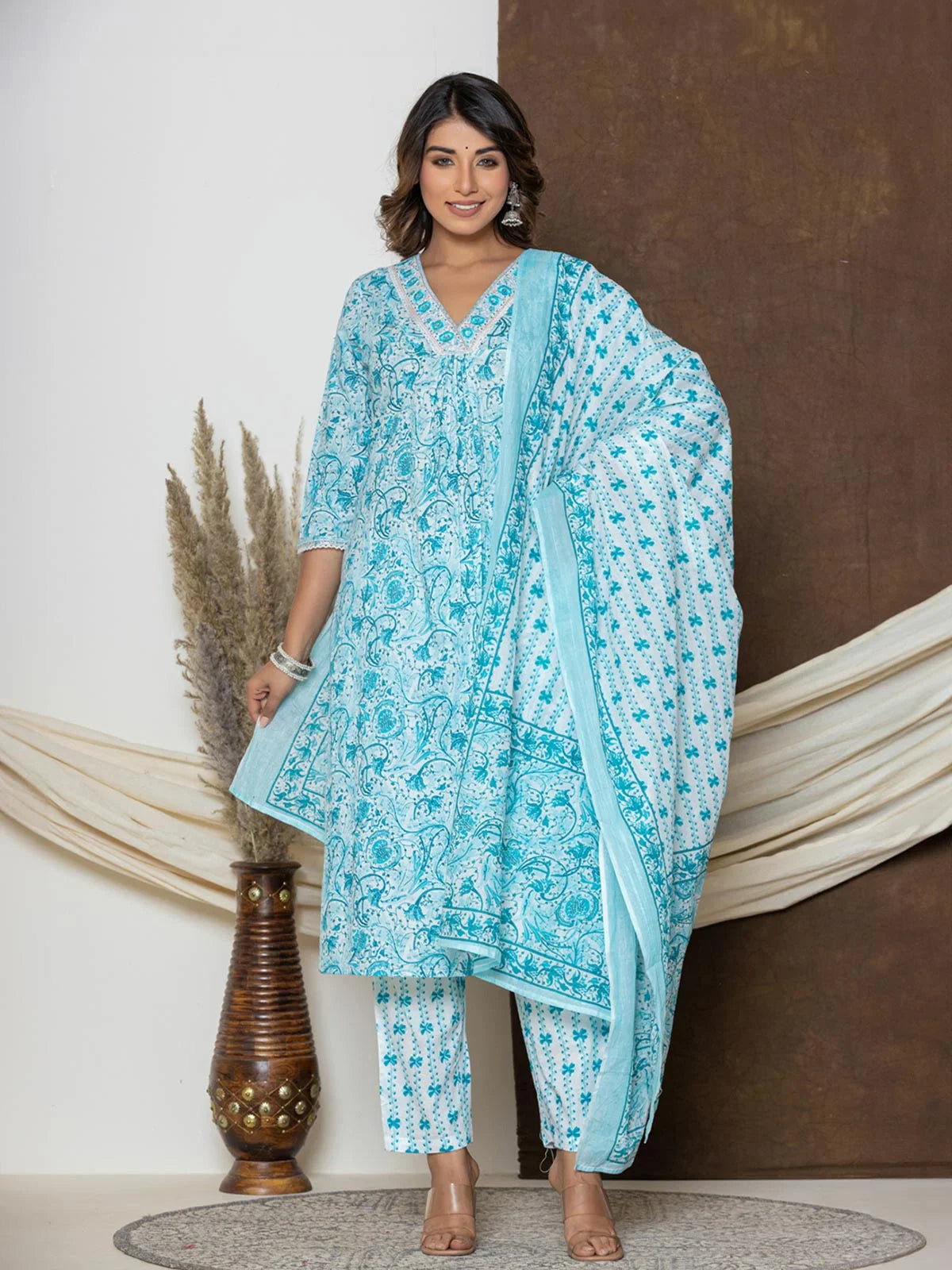 Buy Cotton Embroidered Calf Length Straight Kurta With Pant and Dupatta-Blue