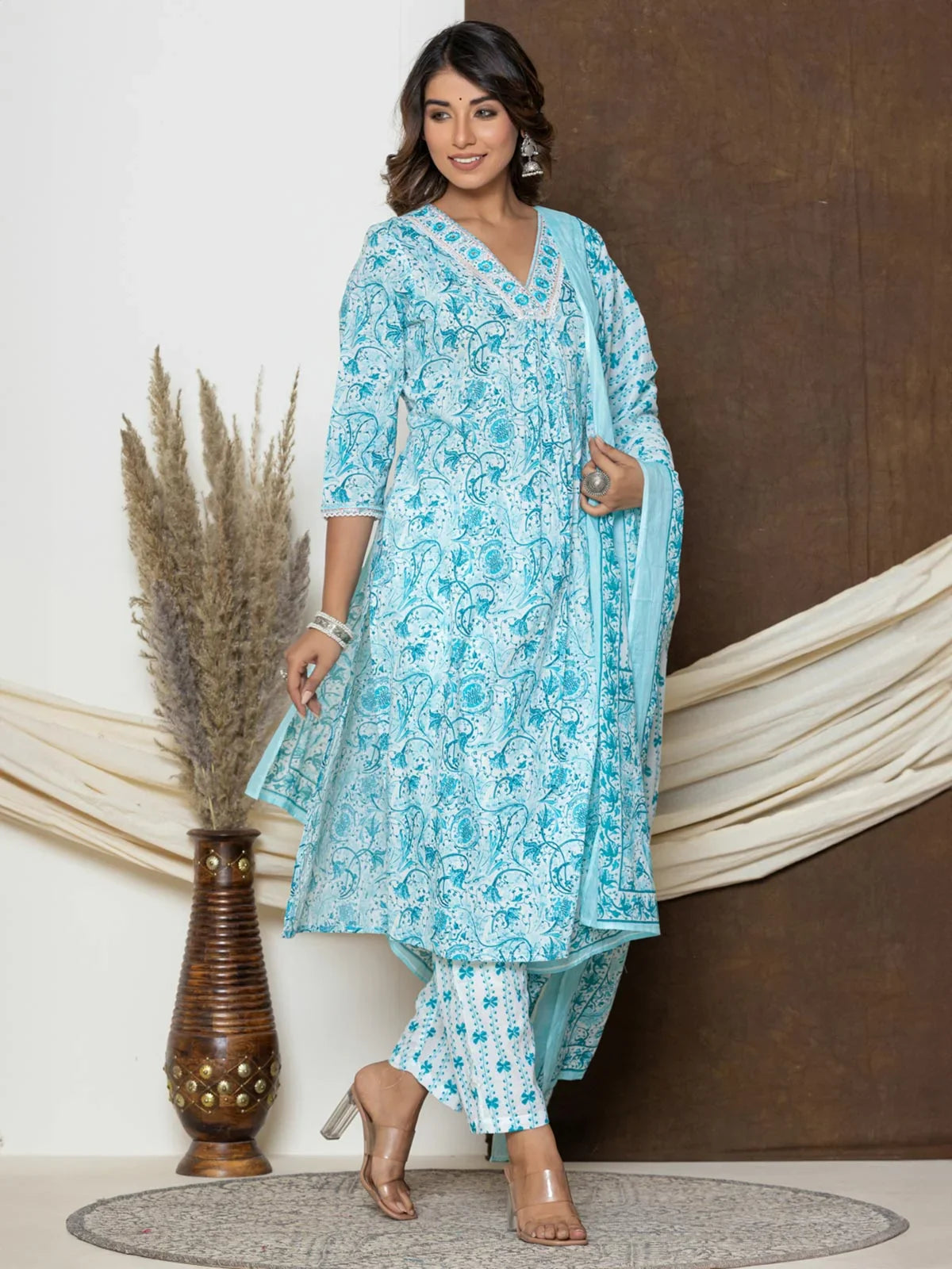 Buy Cotton Embroidered Calf Length Straight Kurta With Pant and Dupatta-Blue