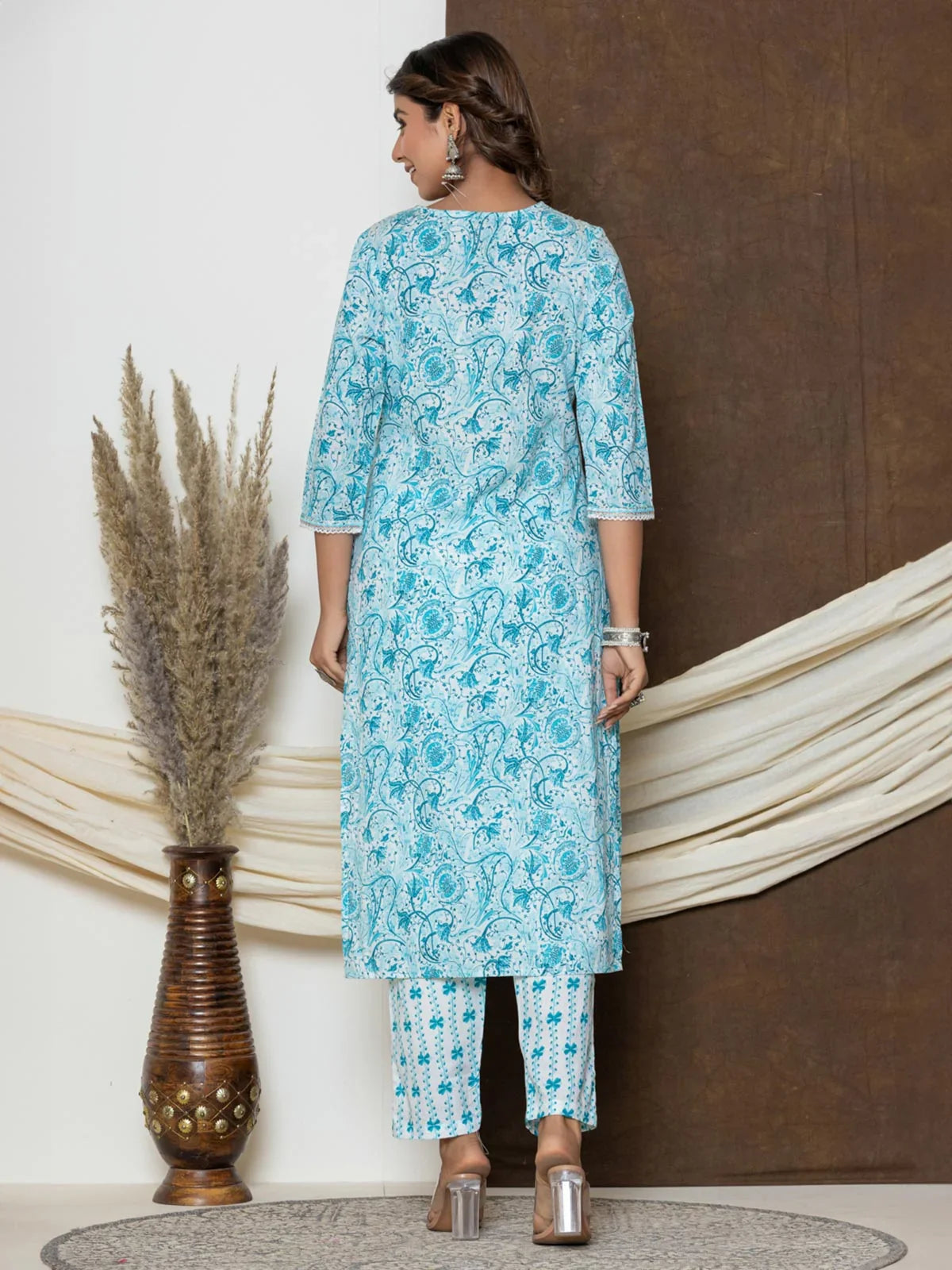 Buy Cotton Embroidered Calf Length Straight Kurta With Pant and Dupatta-Blue