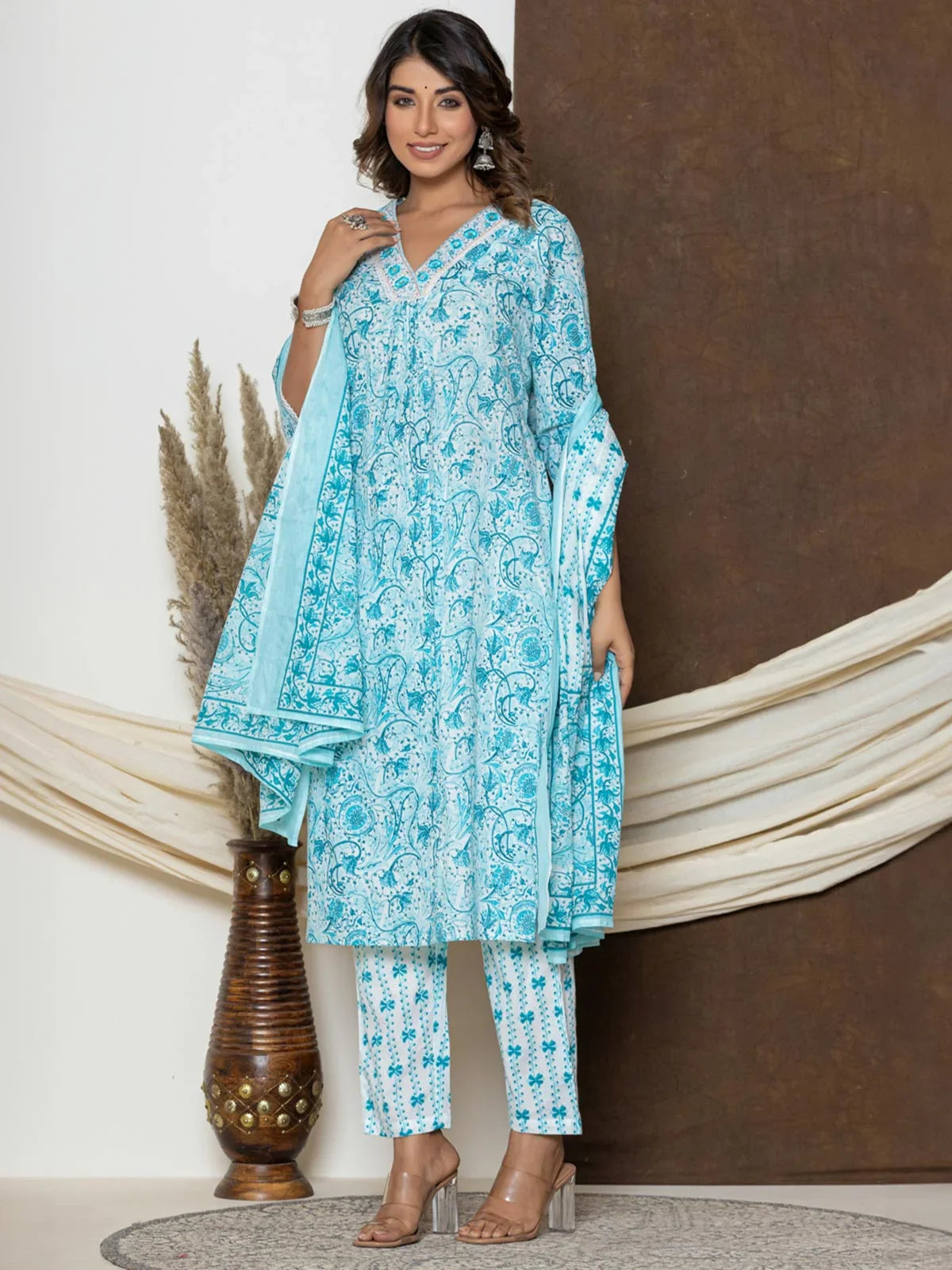 Buy Cotton Embroidered Calf Length Straight Kurta With Pant and Dupatta-Blue