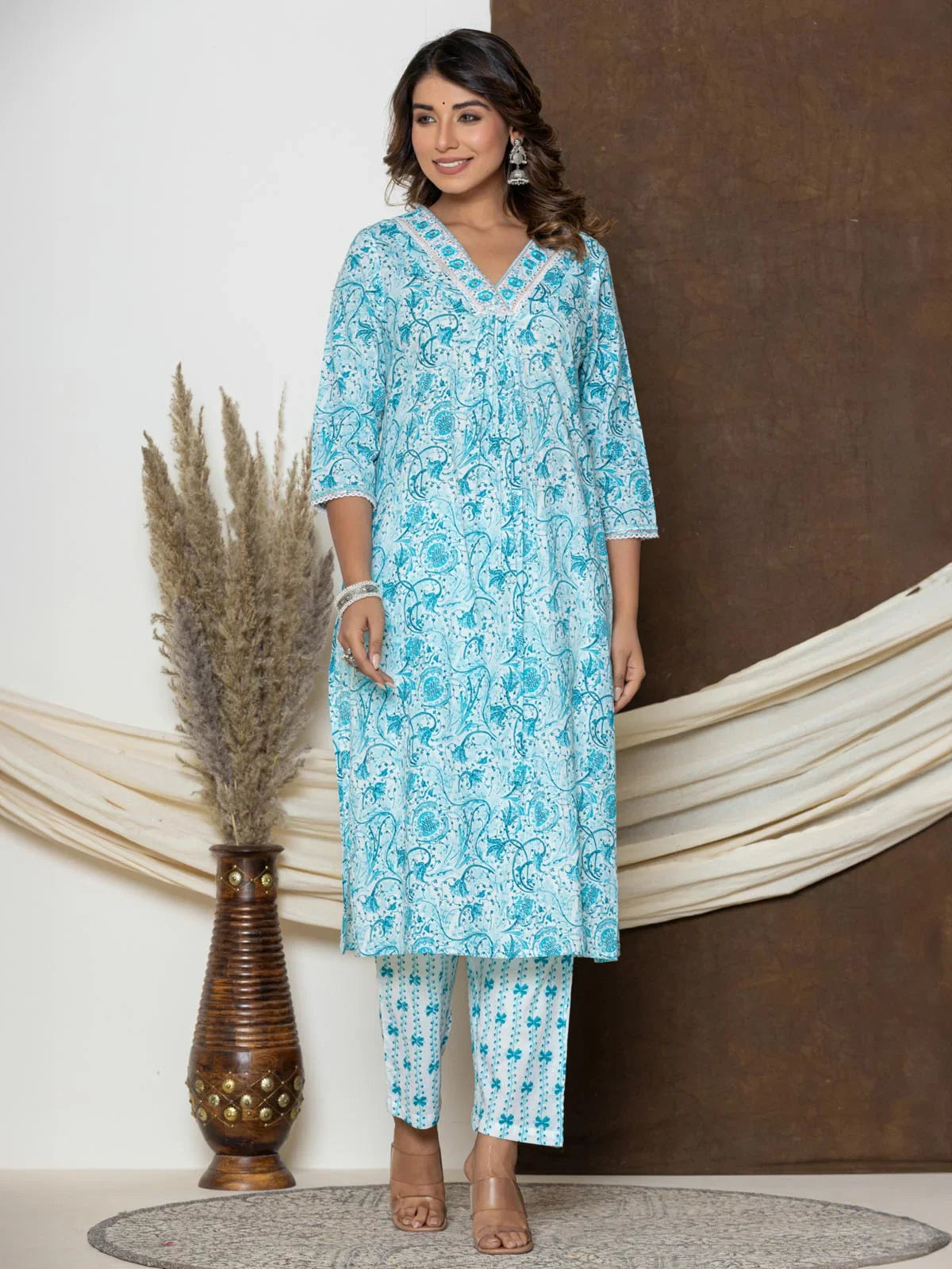 Buy Cotton Embroidered Calf Length Straight Kurta With Pant and Dupatta-Blue