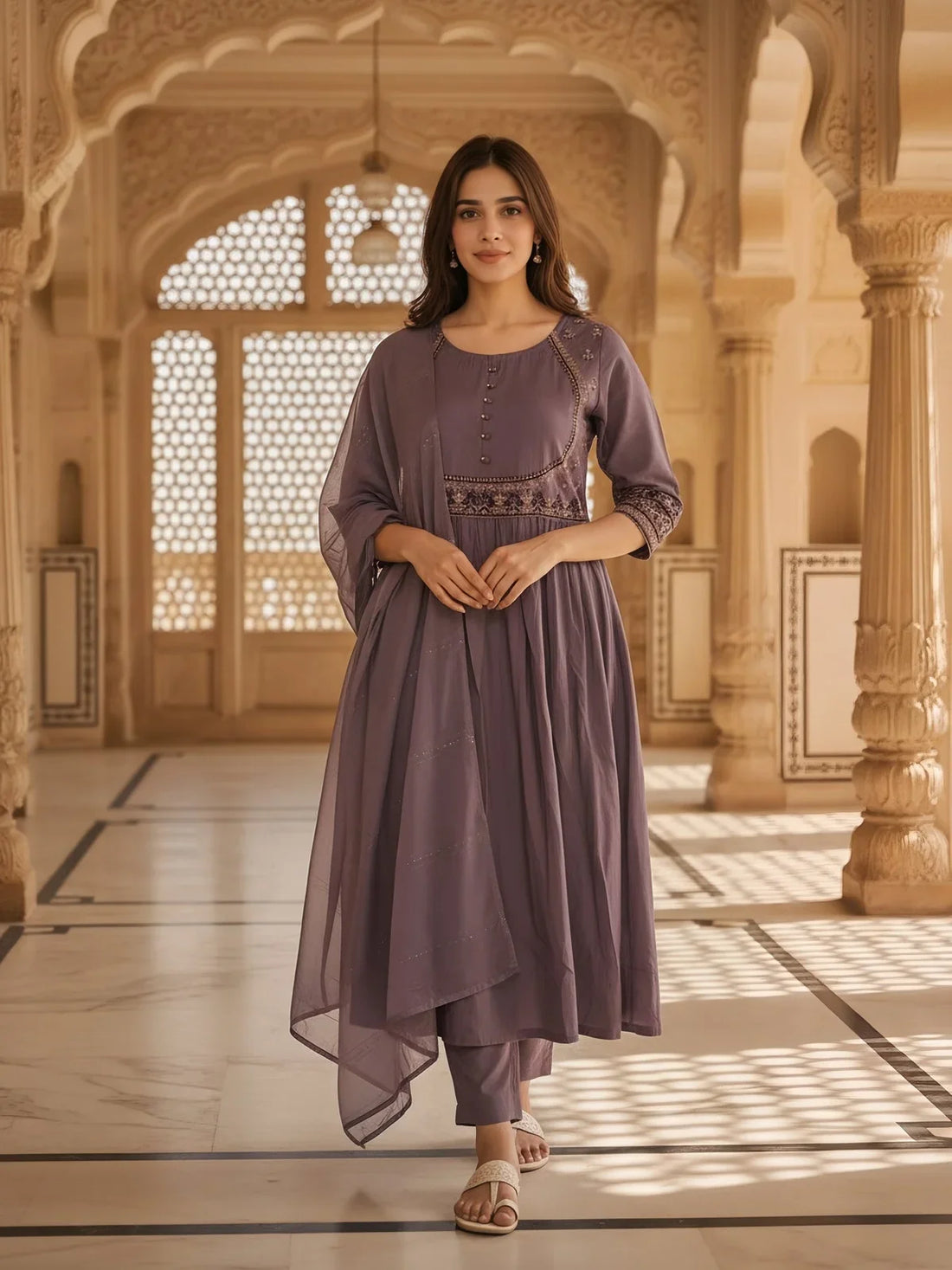 Buy Poly Viscose Embroidered Straight Calf Length Kurta with Pant and Dupatta-Lavender
