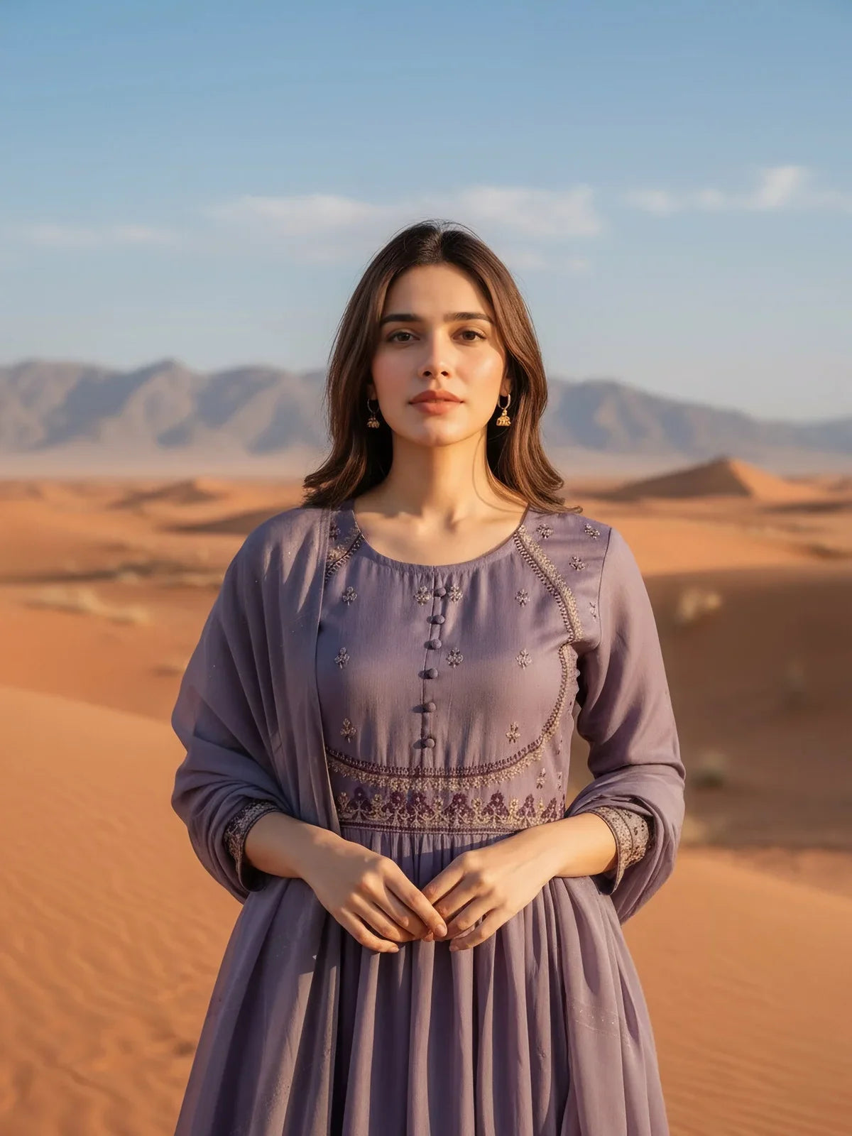 Buy Poly Viscose Embroidered Straight Calf Length Kurta with Pant and Dupatta-Lavender