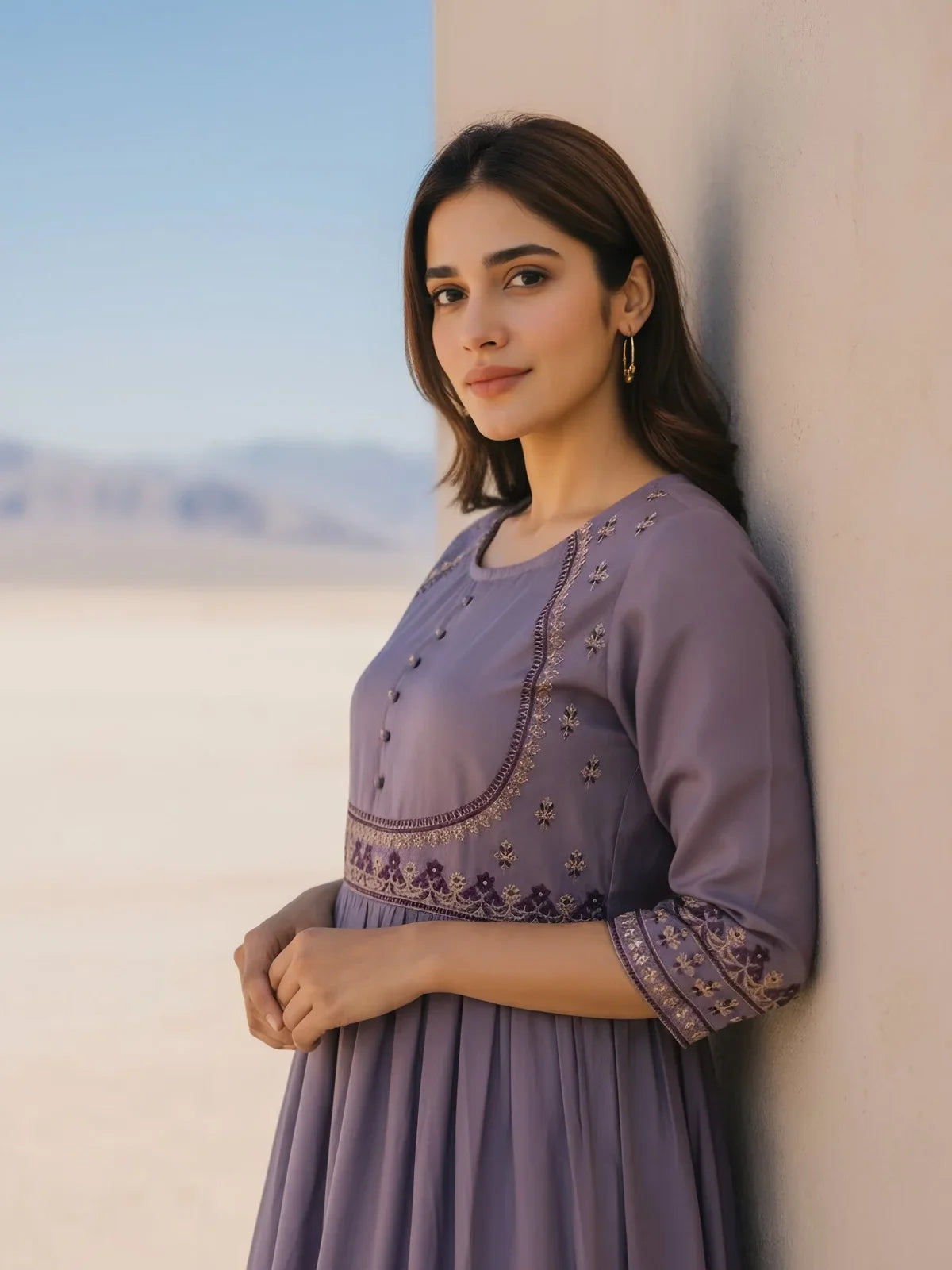 Buy Poly Viscose Embroidered Straight Calf Length Kurta with Pant and Dupatta-Lavender